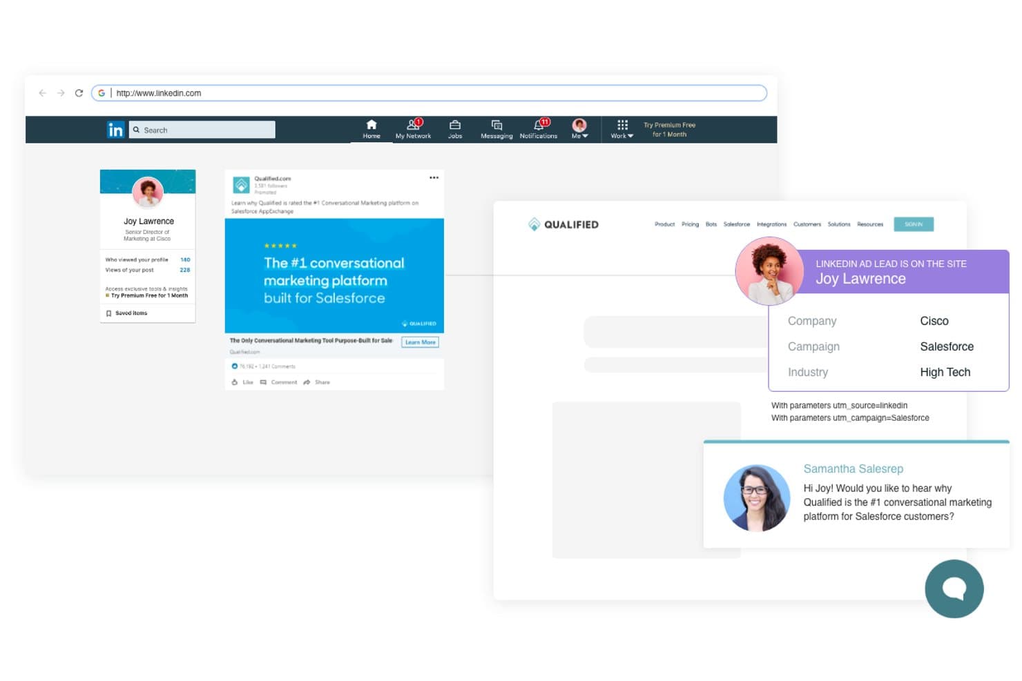 Qualified dashboard showing LinkedIn ad lead Joy Lawrence visiting Qualified's website with live chat prompt.