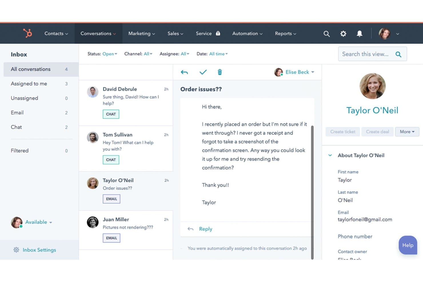 HubSpot inbox showing email from Taylor O'Neil about order issues with contact details panel.