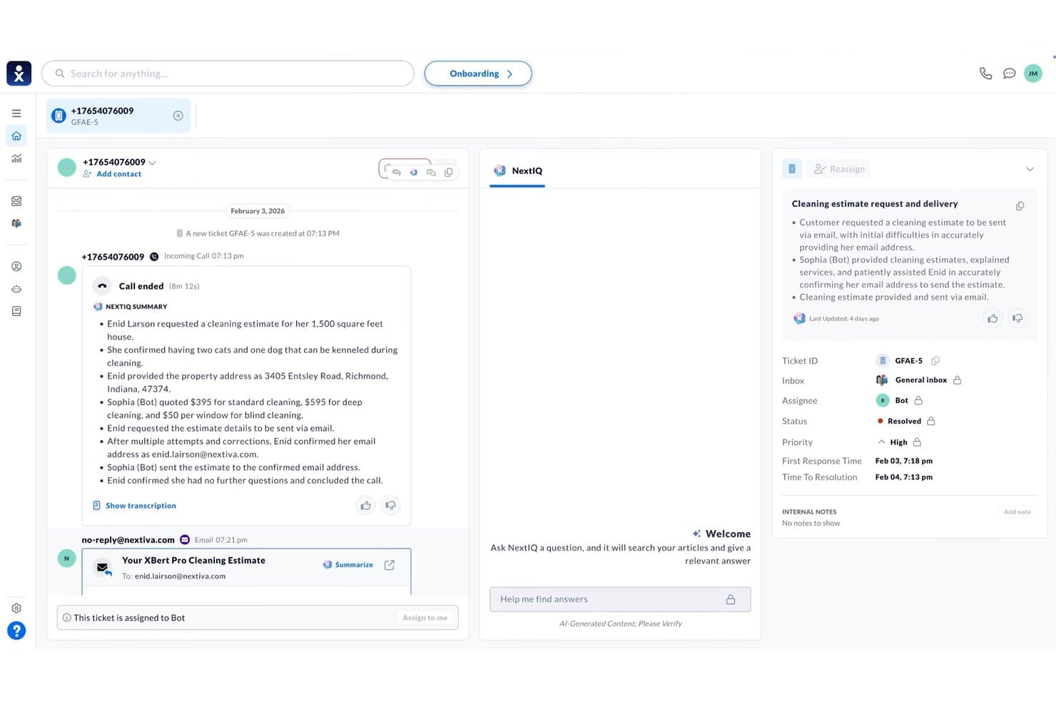 Nextiva customer support ticket with AI call summary and ticket details panel.
