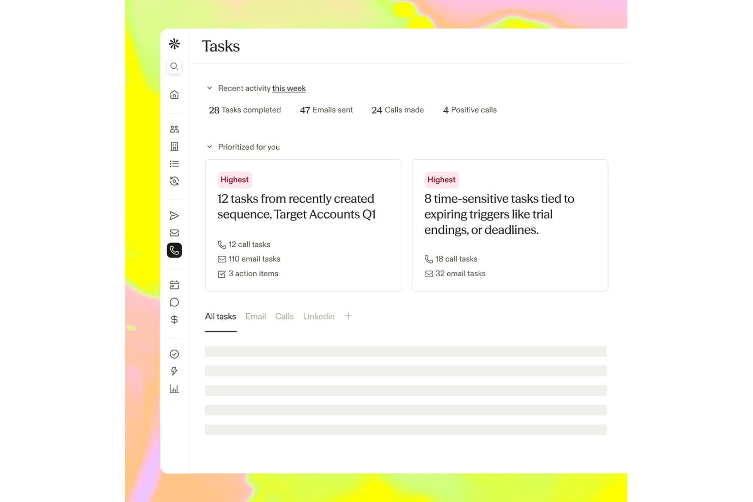 Apollo.io:n Tehtävät-hallintapaneeli, joka näyttää priorisoidut puhelu-, sähköposti- ja toimenpidetehtävät.