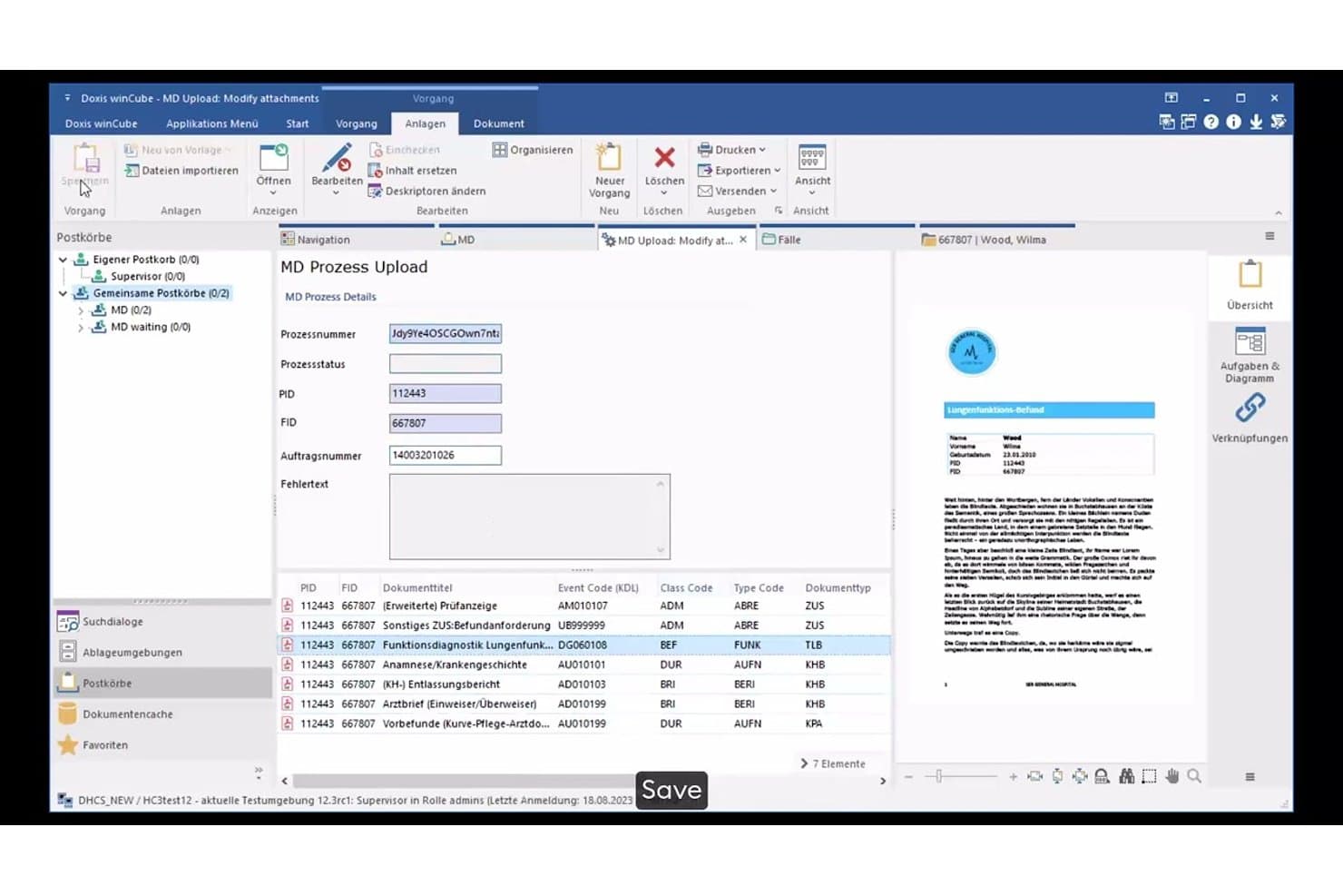 Doxis winCube MD-formulier voor procesuploads met een documentenlijst en metagegevensvelden.