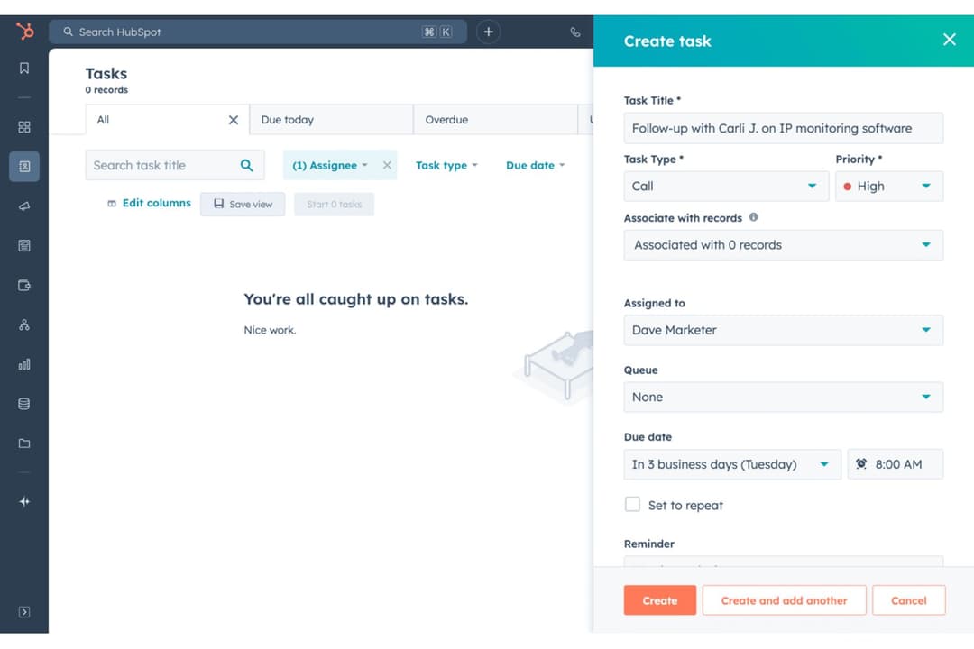 HubSpot lets users create and assign follow-up tasks with due dates.