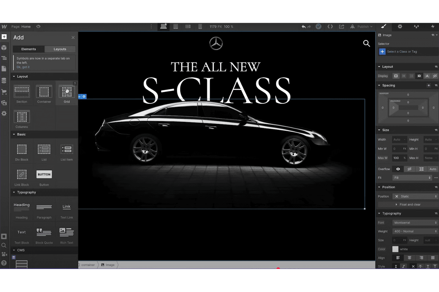 Webflow-designeren viser en nettside for en Mercedes S-Klasse som redigeres, med elementpanelet åpent.