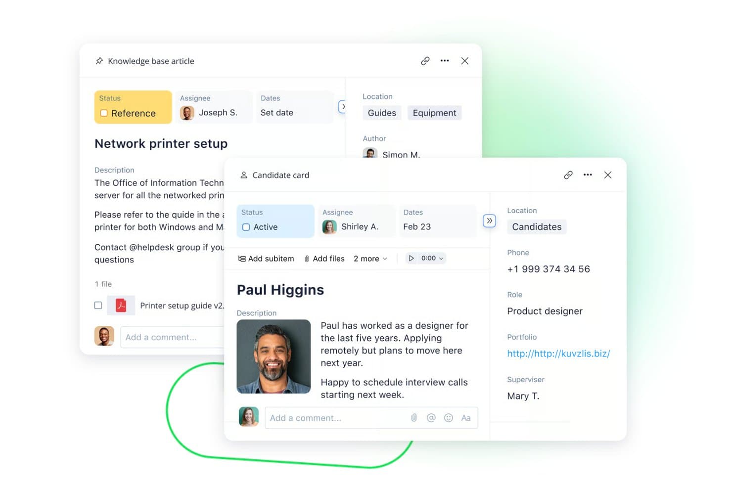 Zwei überlappende UI-Karten mit einem Artikel zur Einrichtung eines Netzwerkdruckers und einer Karte mit einem Bewerberprofil.