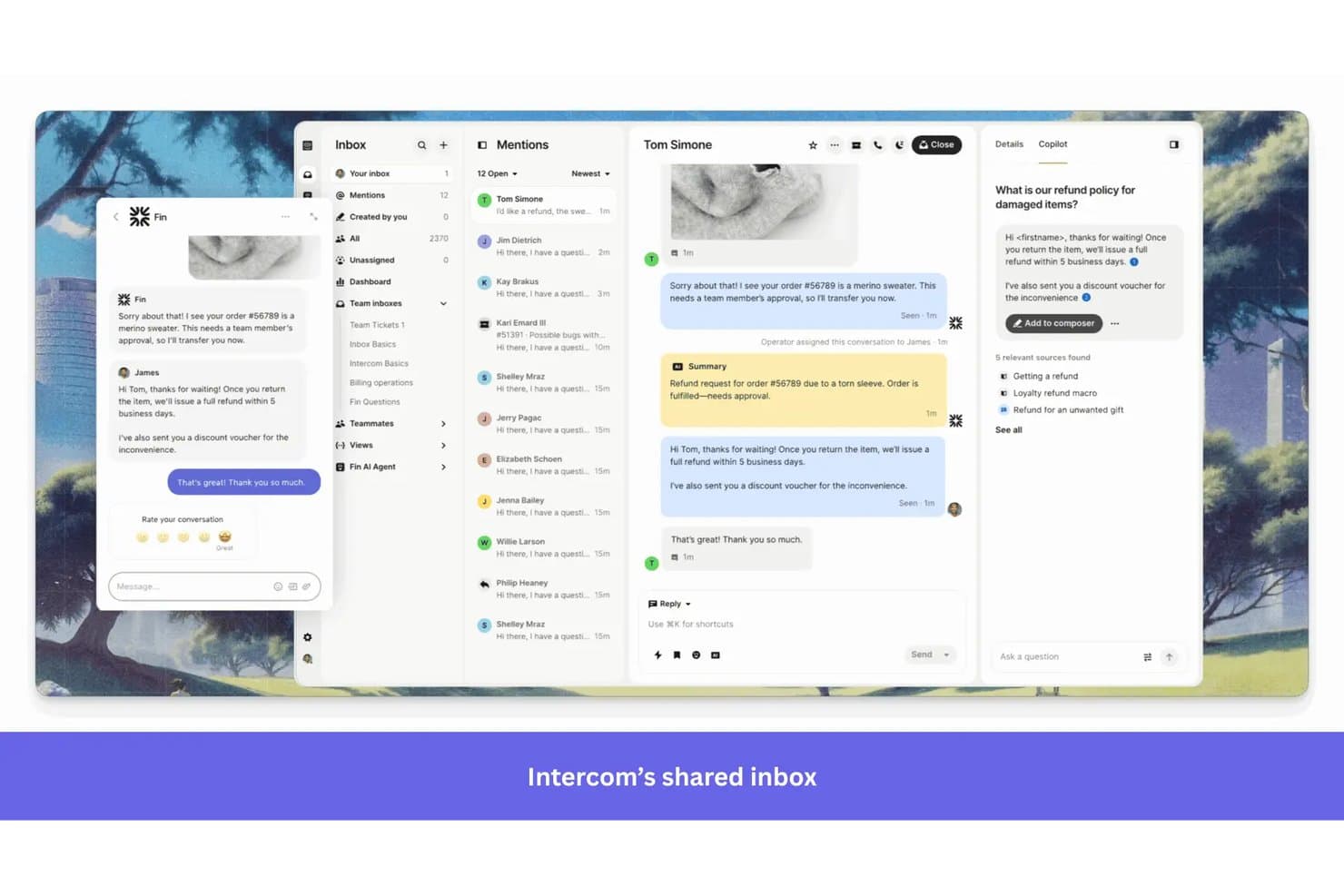 Intercom shared inbox UI showing AI-assisted chat replies and conversation list.