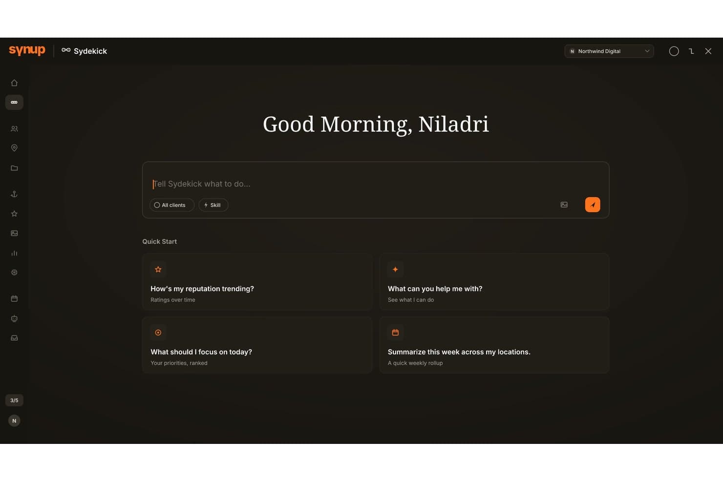 Synup Sydekick AI-instrumentpanel med snabbstartsfrågor och chattinmatning.