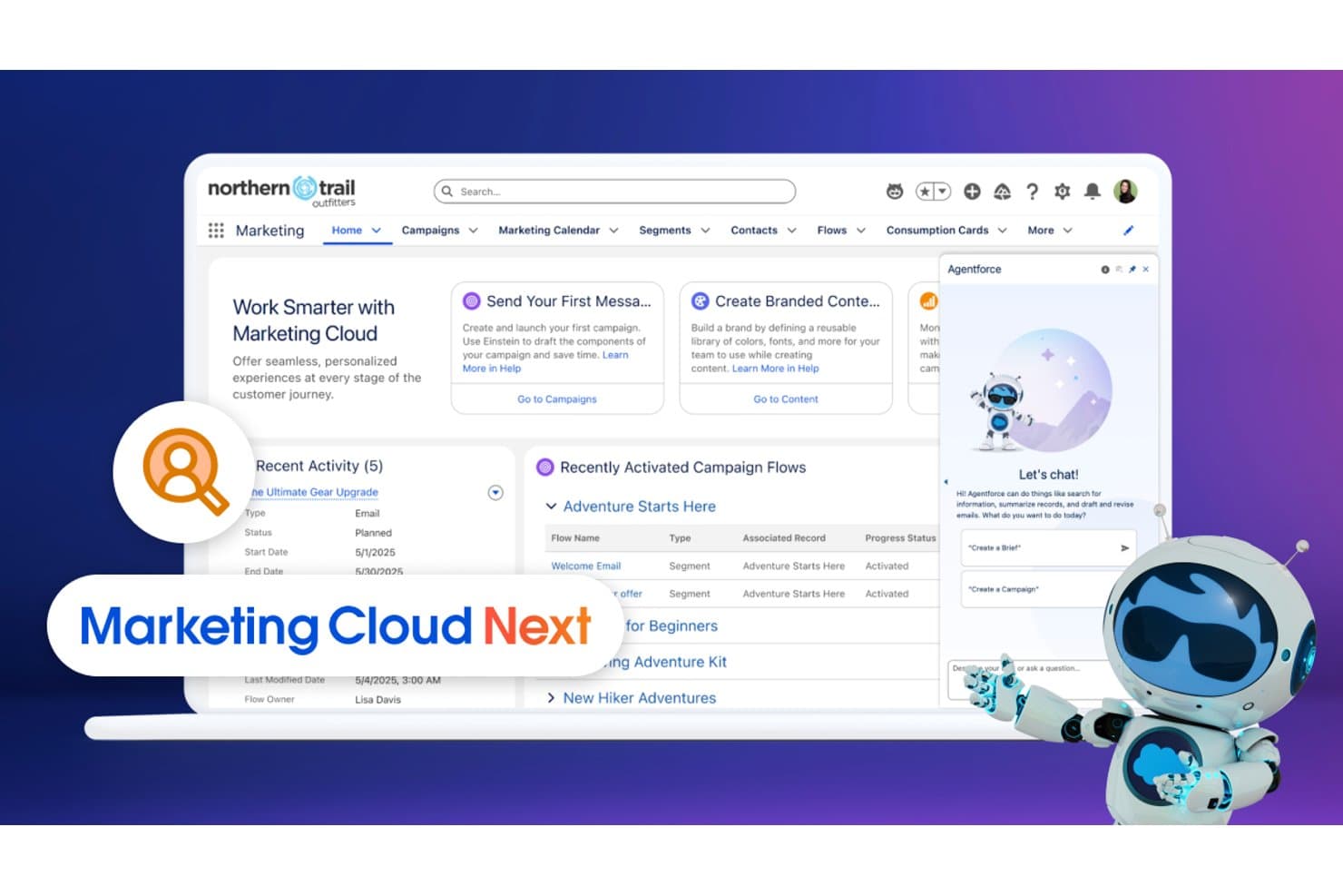 Tableau de bord Salesforce Marketing Cloud Next avec le panneau de chat IA Agentforce ouvert.