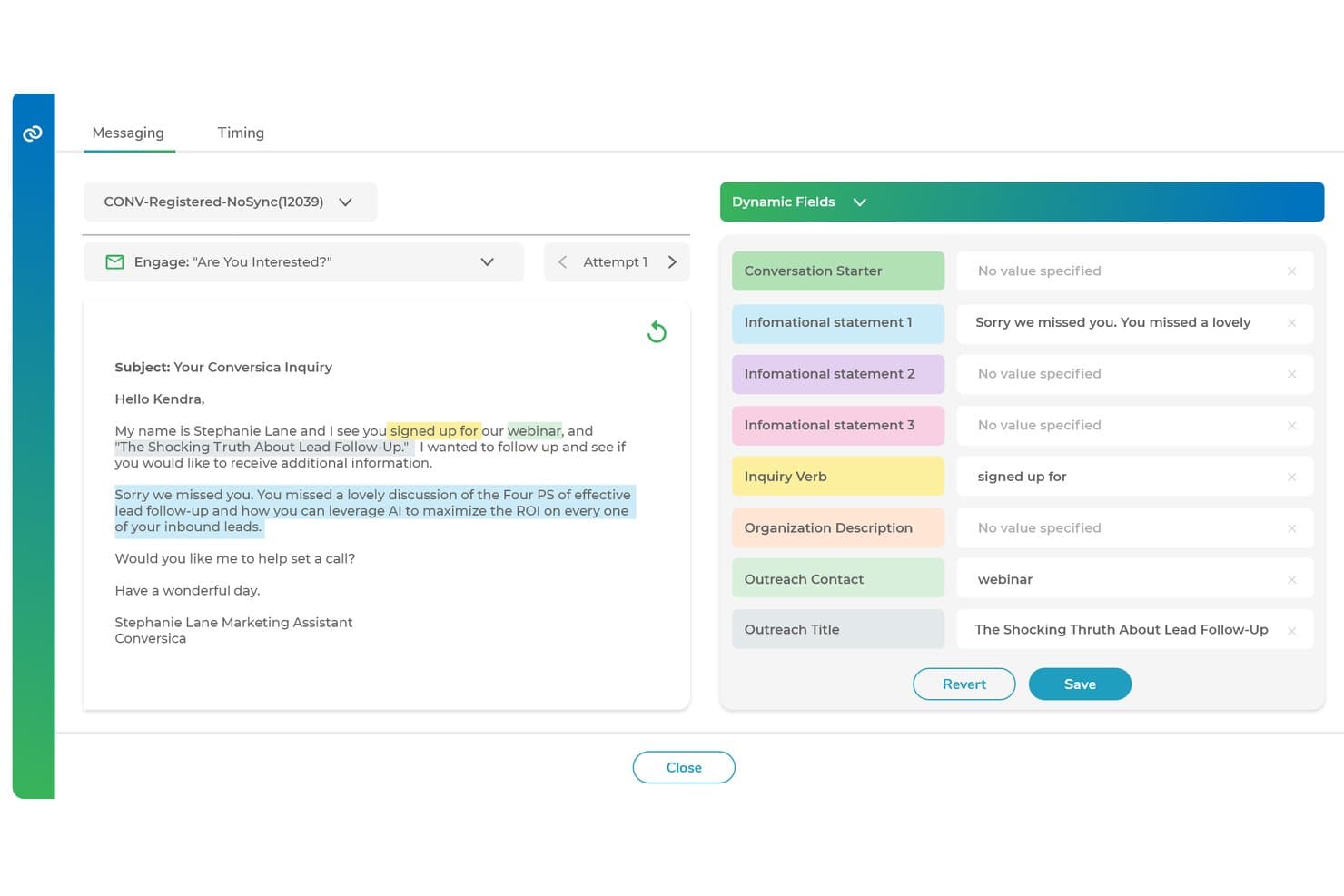 Conversica email messaging editor with dynamic fields panel and conversation settings.