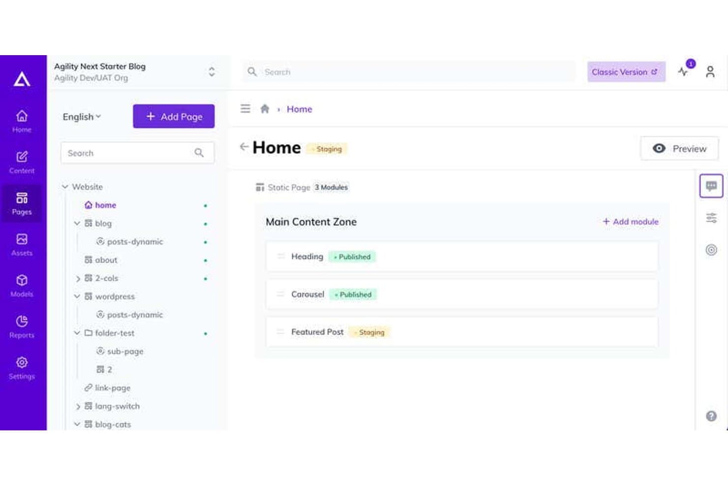 Agility CMS page editor showing Home page with three content modules and staging statuses.