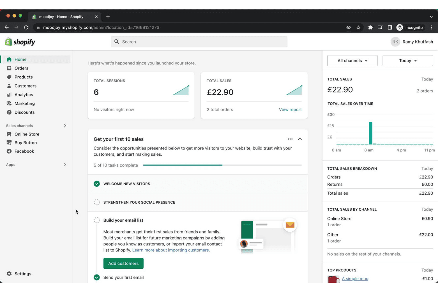 Shopify-beheerdashboard met het totale aantal sessies, verkopen ter waarde van £22.90 en insteltaken.