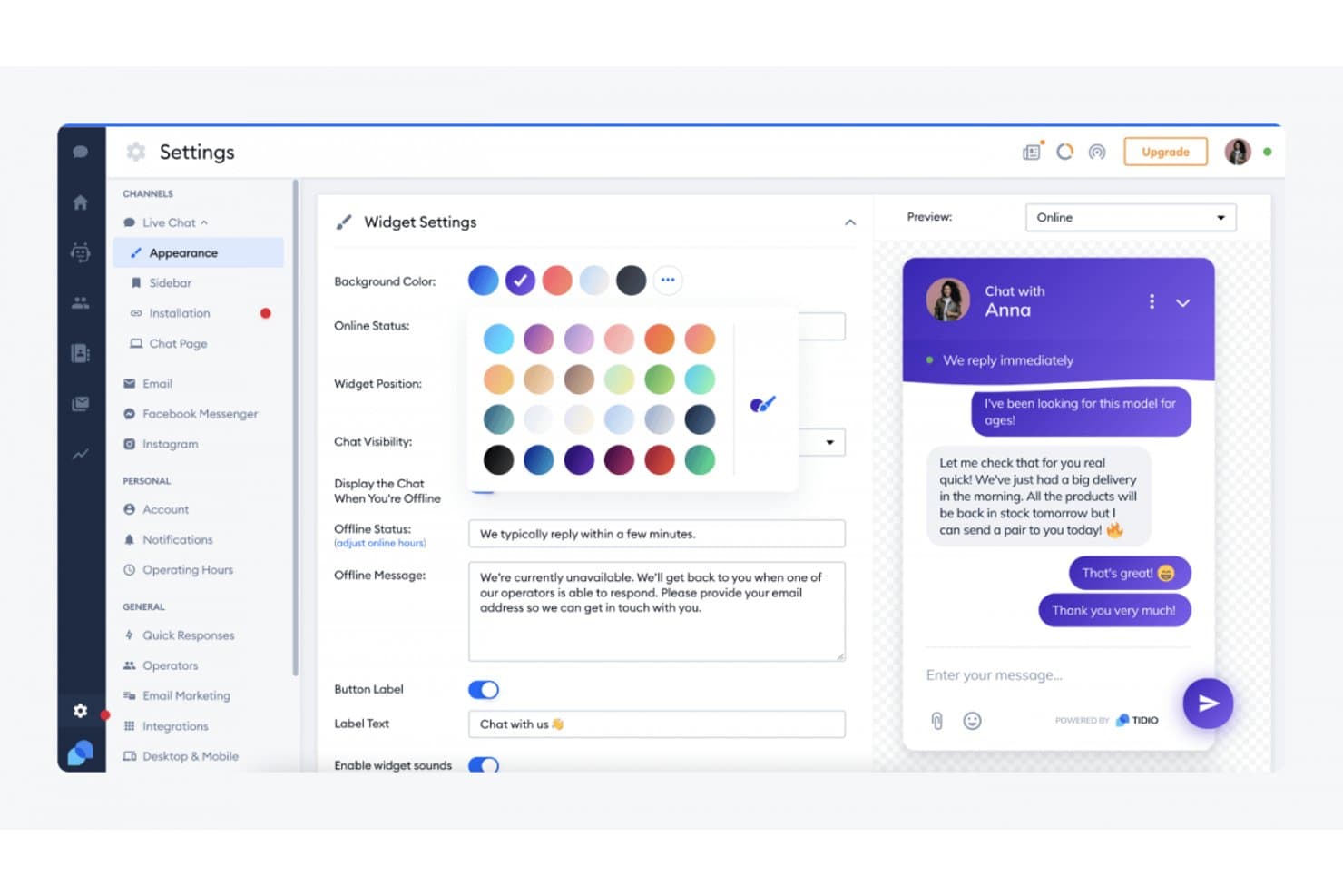 Tidio widget settings panel showing color picker, offline message, and chat preview.