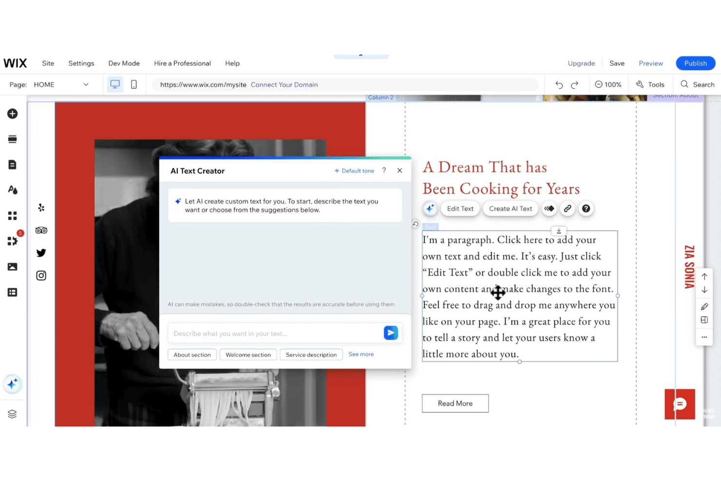 Wix-redigeringsverktøy som viser dialogboksen AI-tekstgenerator over hjemmesiden til et restaurantnettsted.