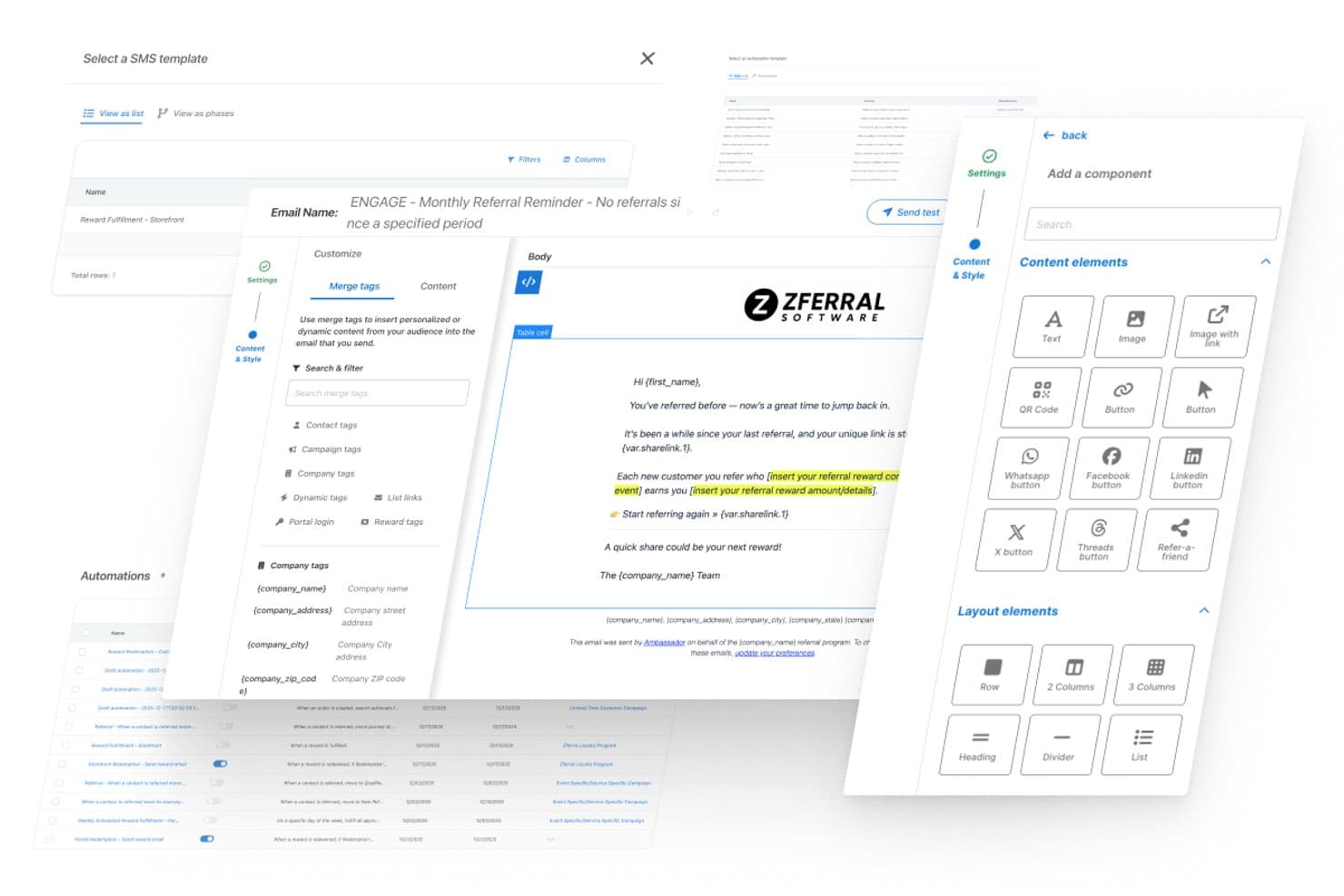 Ambassador referral email editor showing merge tags, SMS templates, and drag-and-drop content elements.