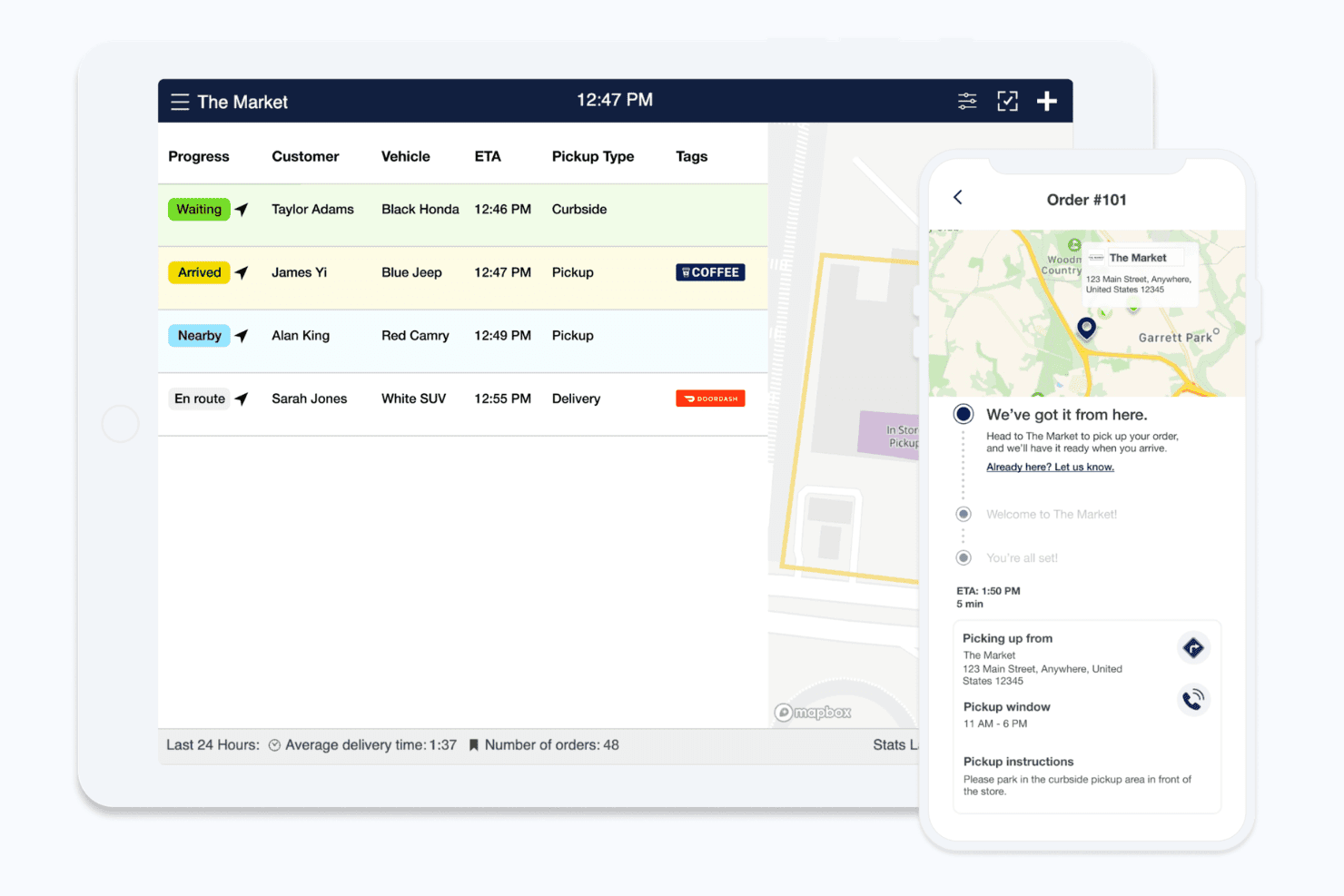 Tablet dashboard showing customer order statuses and a mobile order tracking screen.