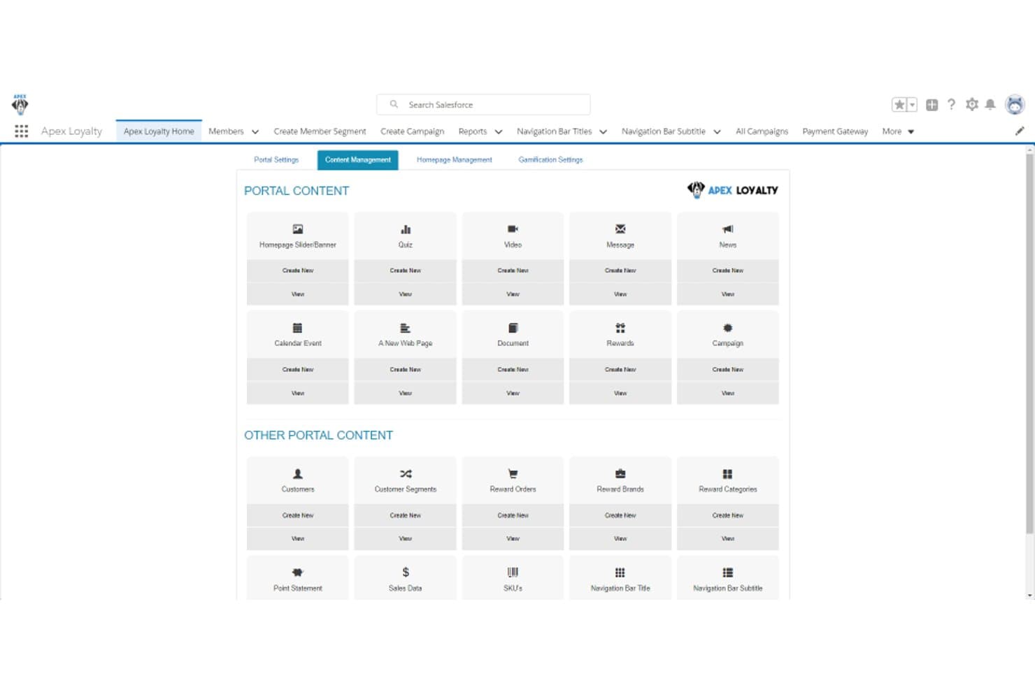Apex Loyalty Portal Content-Management-Dashboard, das Optionen zur Inhaltserstellung wie Prämien und Kampagnen zeigt.