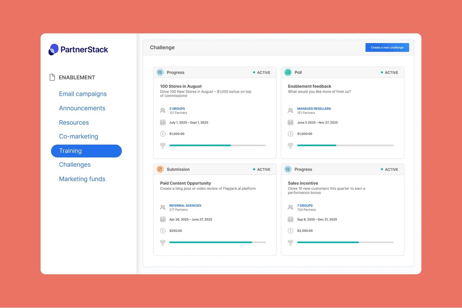 Panel de PartnerStack que muestra cuatro desafíos de socios activos con montos de recompensa y barras de progreso