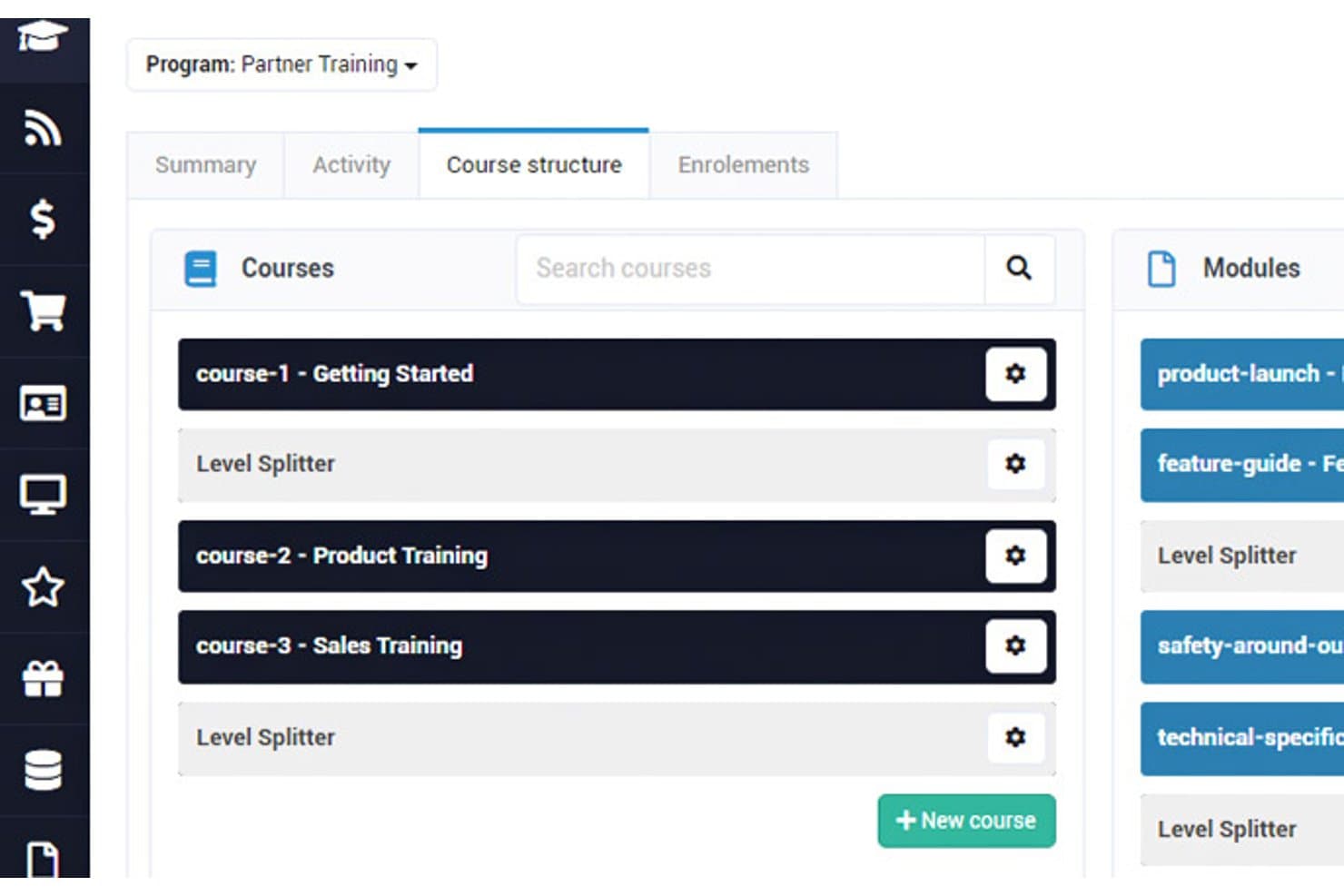 Dashboard voor partnertraining van Kademi met een cursusstructuur en panelen voor cursussen en modules