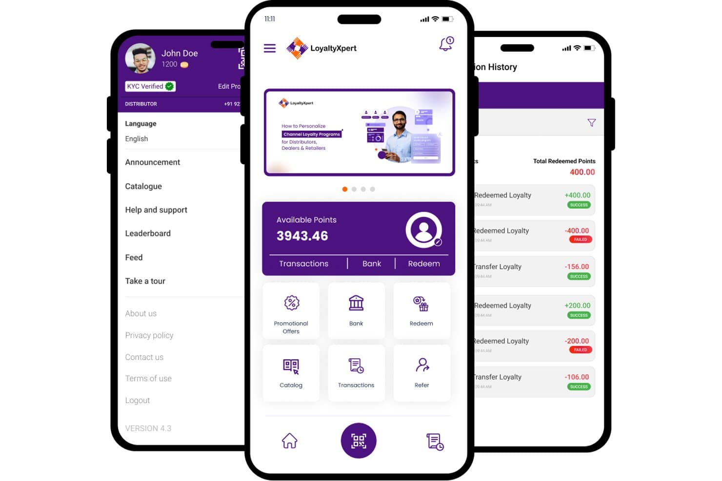 Mobiele app van LoyaltyXpert met 3943.46 beschikbare punten, transactiegeschiedenis en navigatiemenu.
