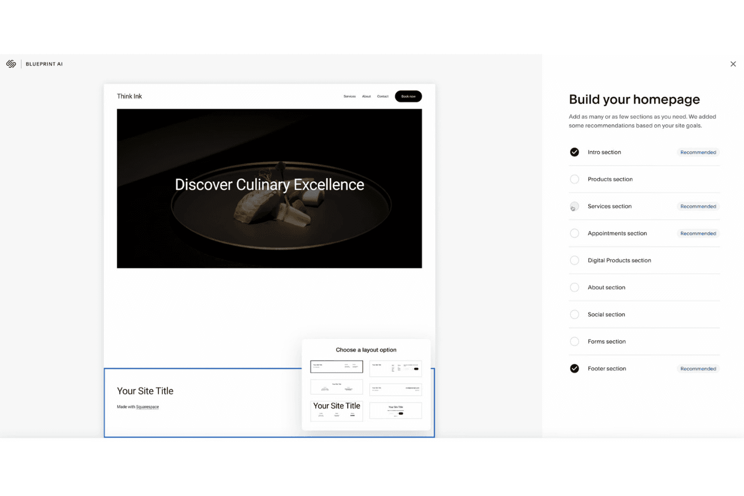 Squarespace Blueprint AI-homepagebouwer met sectiechecklist en lay-outopties.