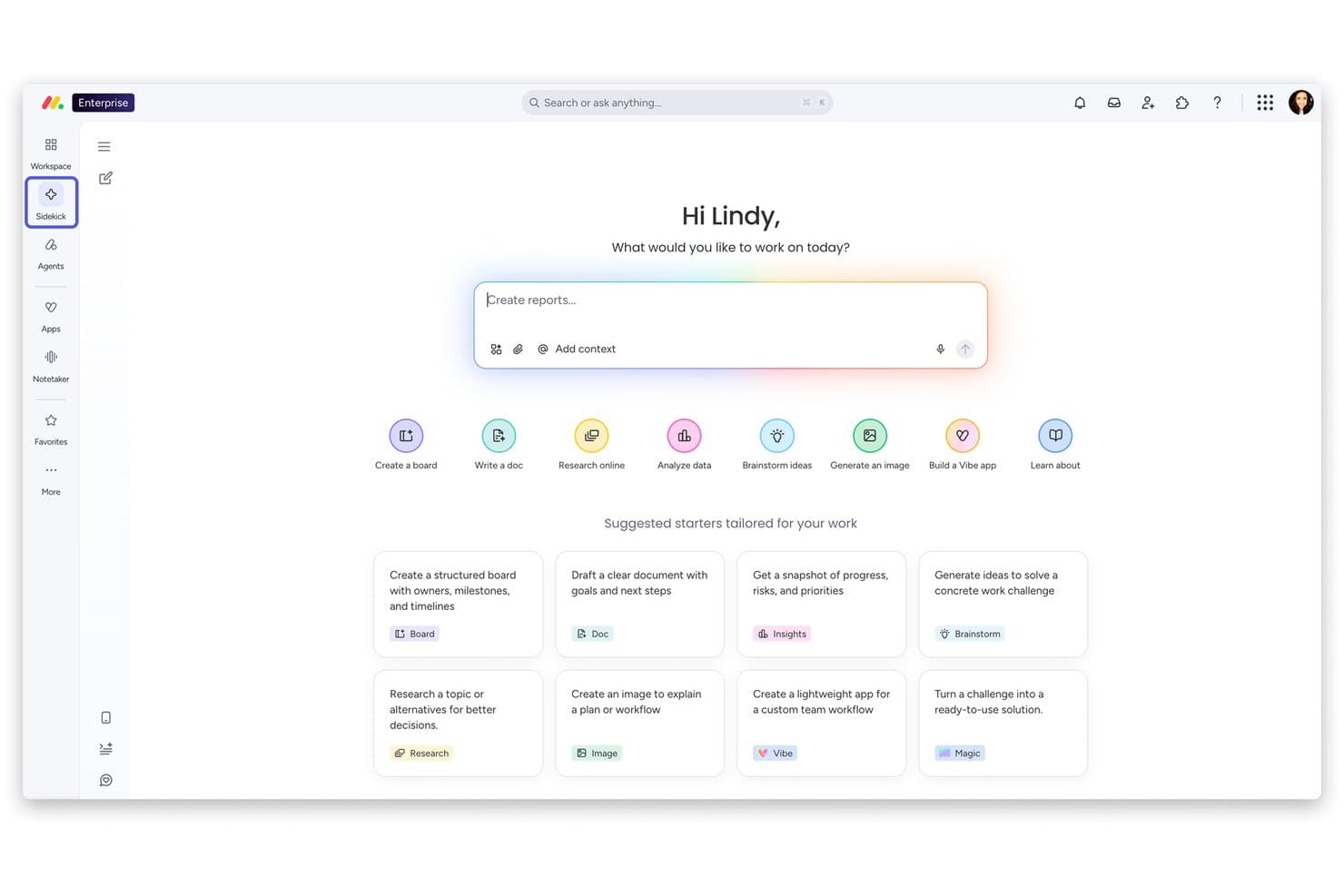 monday.com AI Sidekick-Startseite mit vorgeschlagenen Aufgabenstartern und Schnellaktionssymbolen
