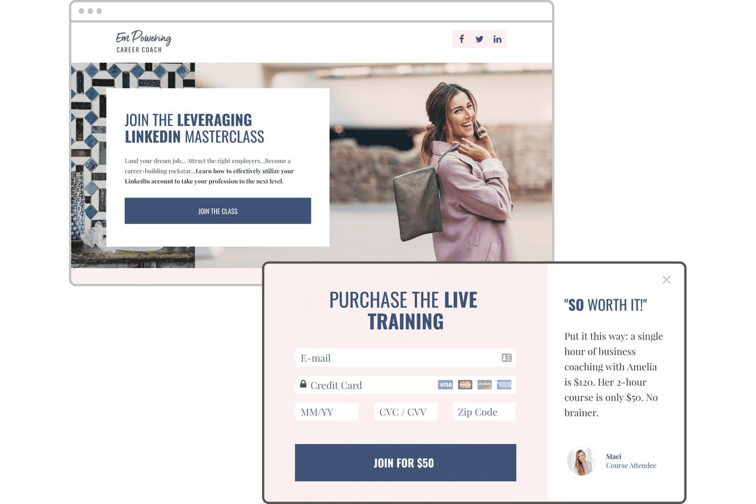 Leadpages landing page and purchase popup for a LinkedIn masterclass priced at $50.
