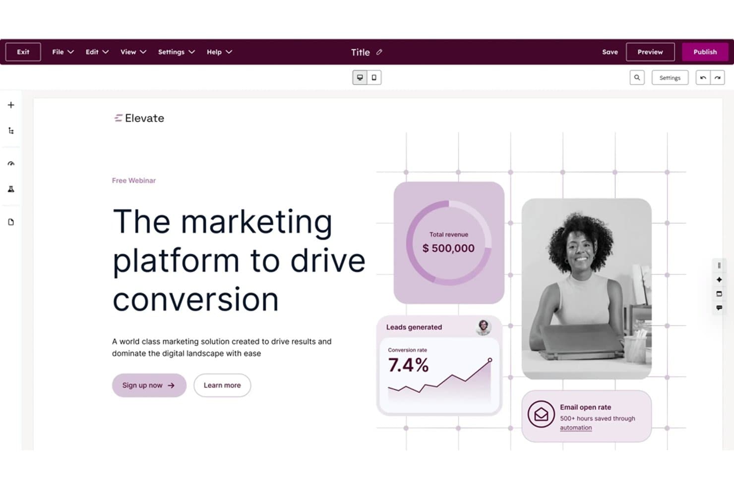 HubSpot Landing Page Builder editor showing a marketing webinar landing page with stats widgets.