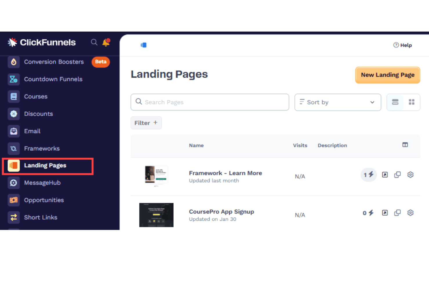 ClickFunnels "Landing Pages" dashboard for tracking and accessing all landing pages in one view.