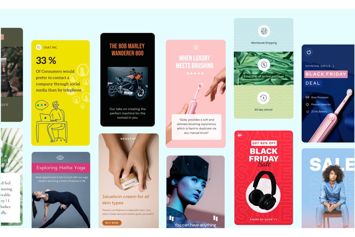 Swipe Pagesin malligalleria, jossa näkyy tarinamuotoisia mobiilikortteja eri toimialoille ja tuotteille.