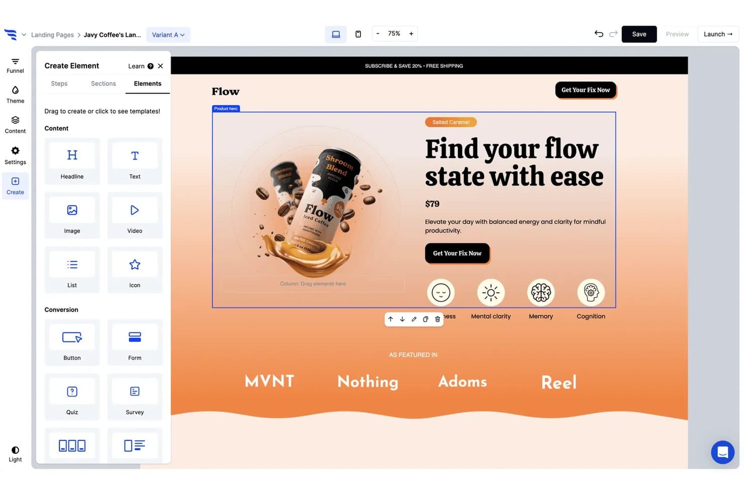ConvertFlow landing page builder showing a product hero section with coffee brand elements and drag-and-drop element panel.