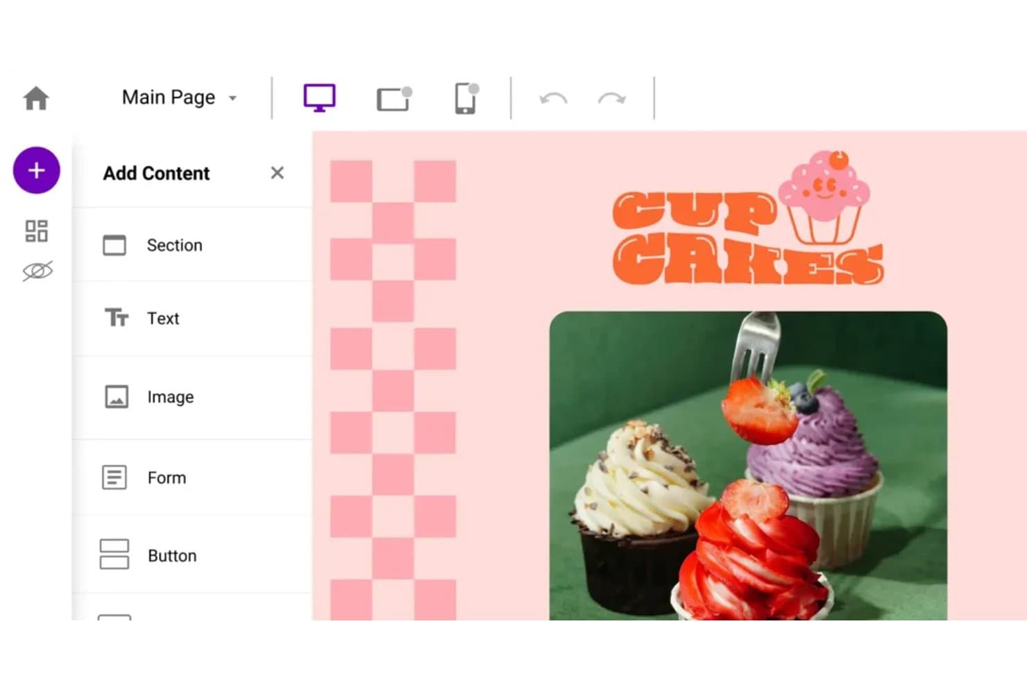 Wishpond landing page builder showing a cupcake-themed page with Add Content panel open.