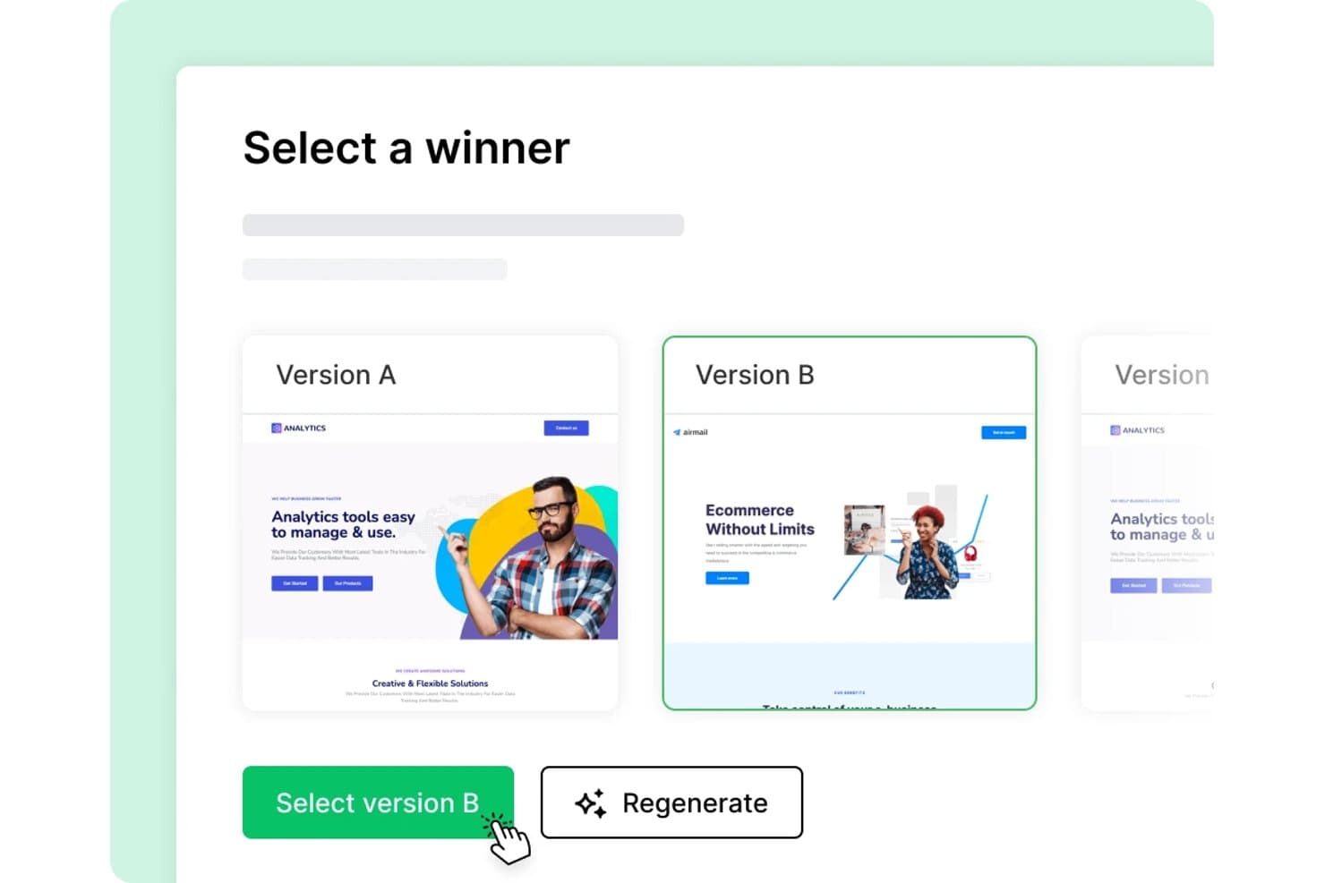 MailerLite UI showing 'Select a winner' screen with Version A, B, and C landing page options