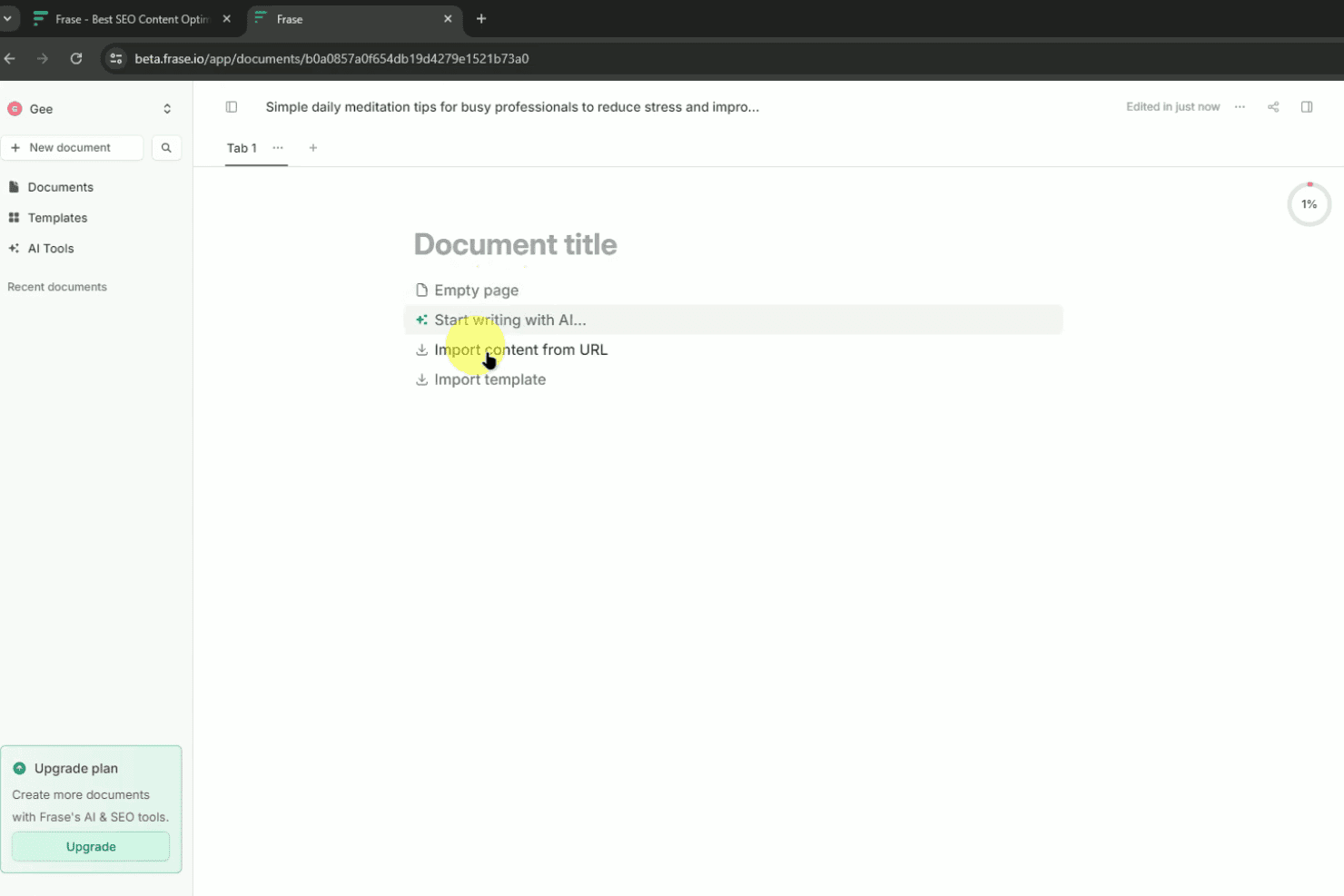 Frase-Dokumenteditor mit Optionen für KI-Schreiben, URL-Import und Vorlagen.