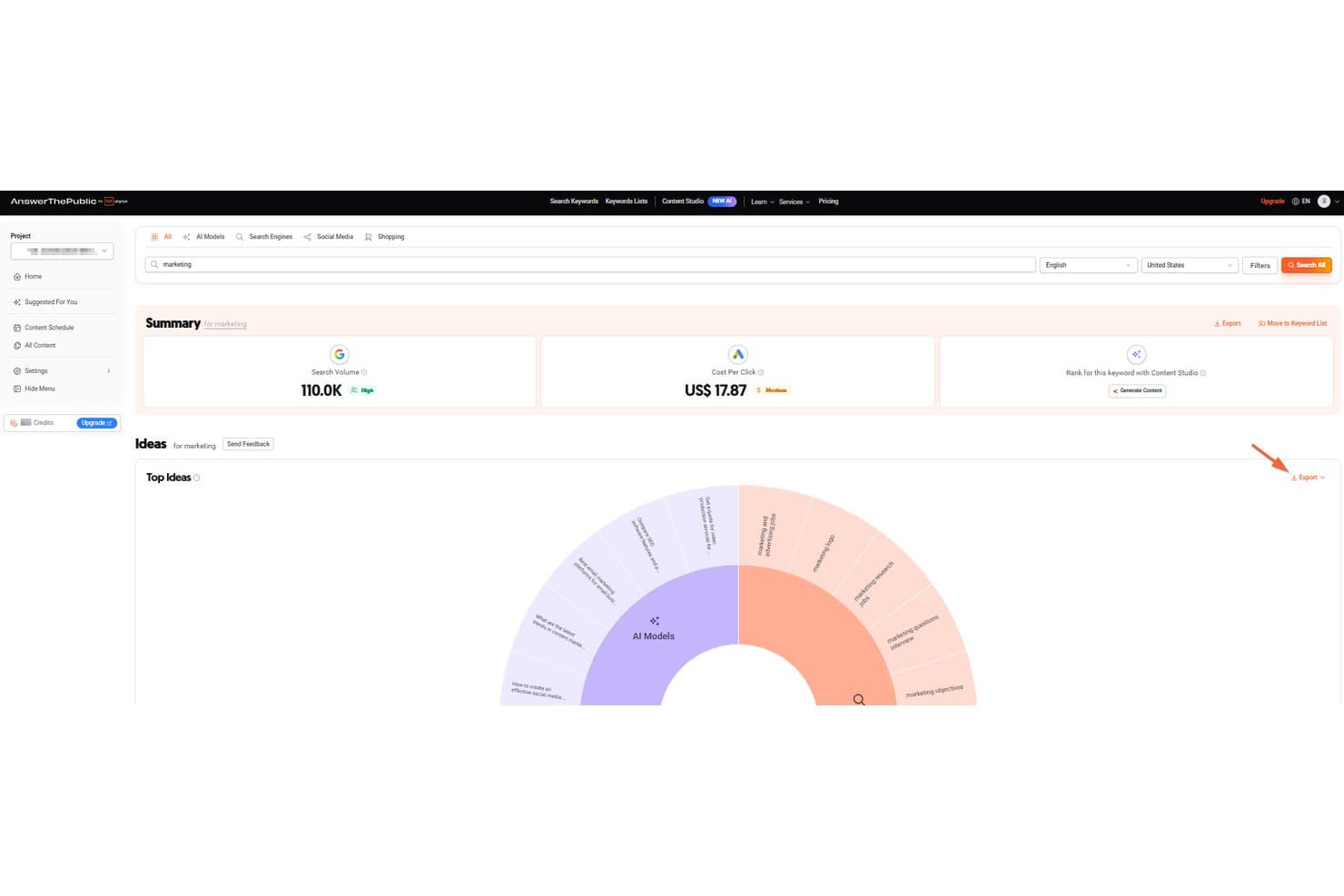 AnswerThePublic dashboard showing marketing keyword summary with search volume 110K and idea wheel chart.