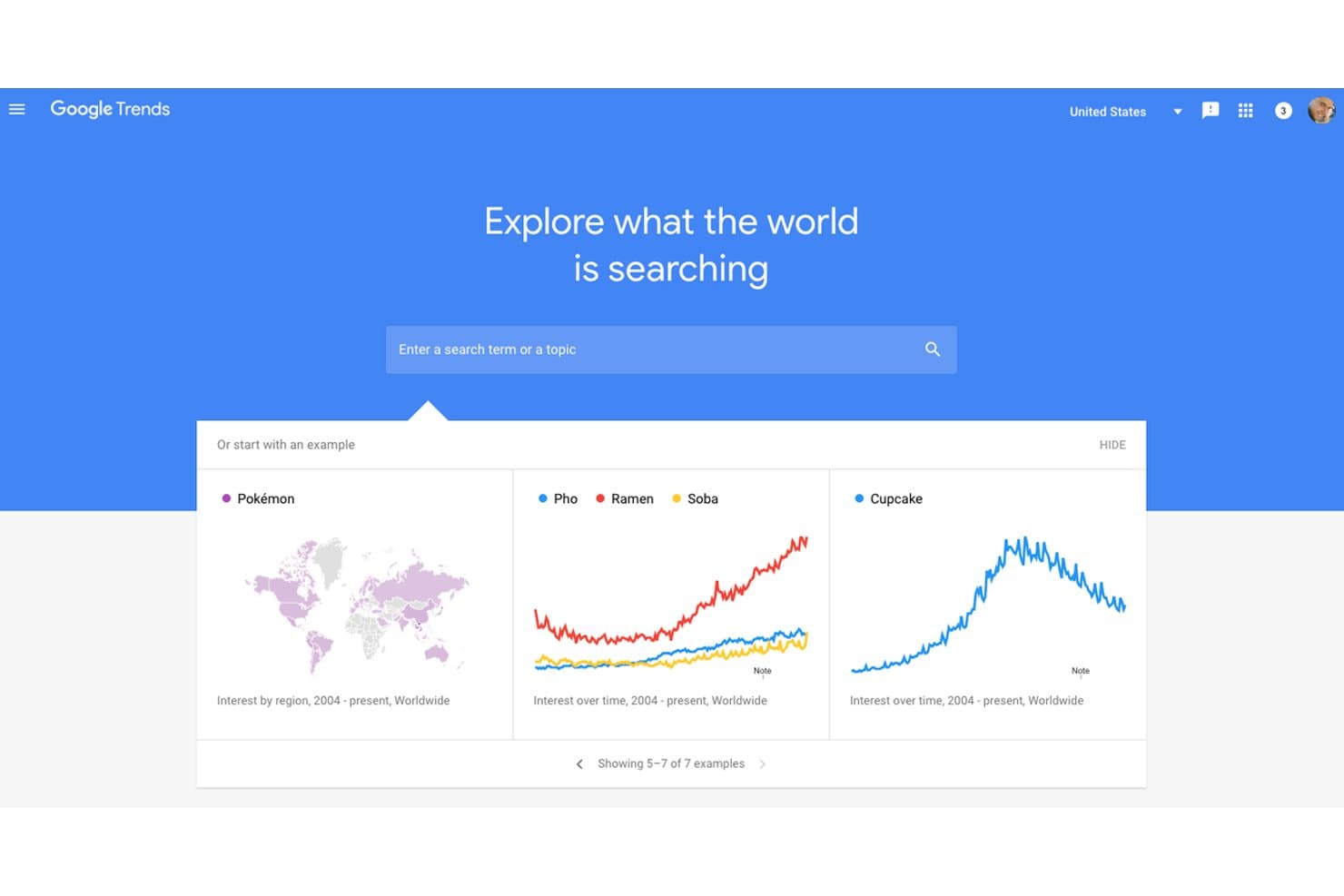 Google Trends homepage with search bar and example trend charts for Pokémon, Pho, Ramen, Soba, and Cupcake.