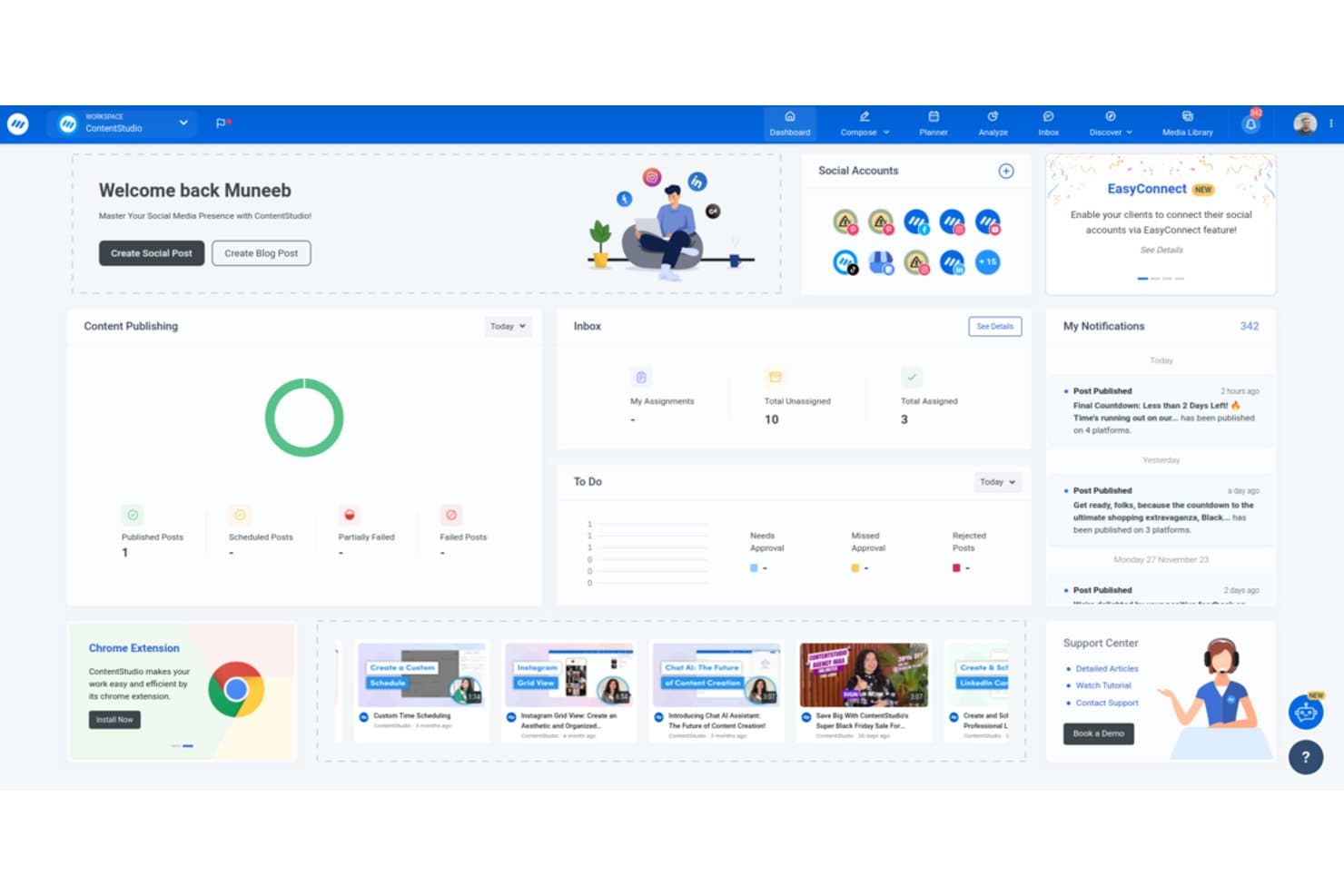 ContentStudio-instrumentpanel som visar sociala konton, statistik över innehållspublicering, inkorg och panelen för aviseringar.