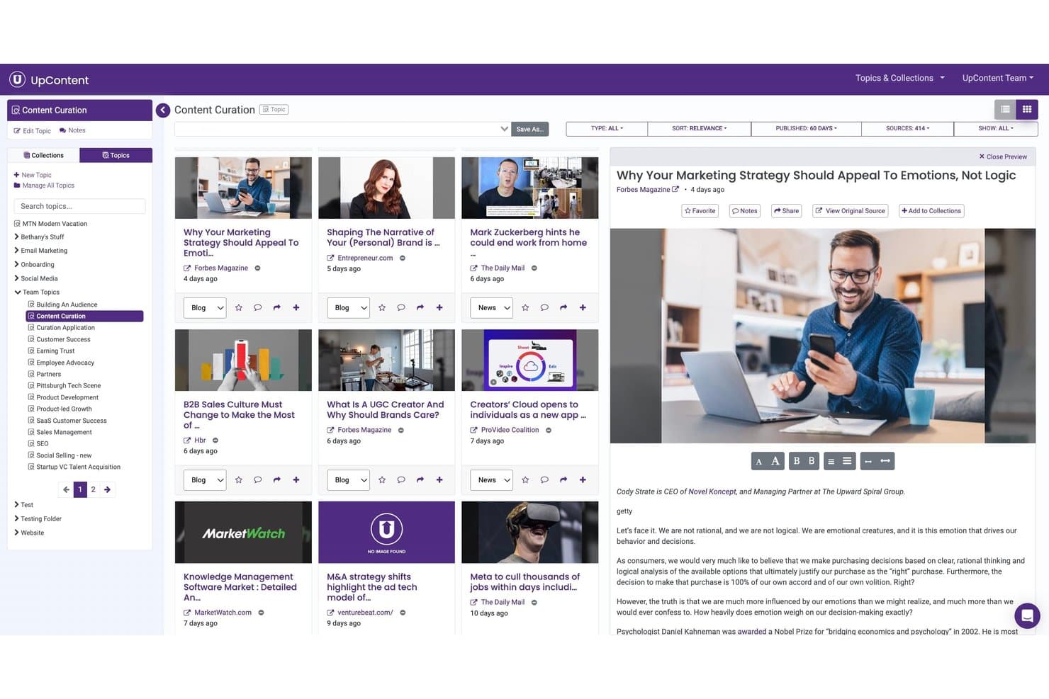 UpContent-instrumentpanel som visar ett rutnät med kurerade artiklar och en öppen panel för förhandsgranskning av artikeln till höger.