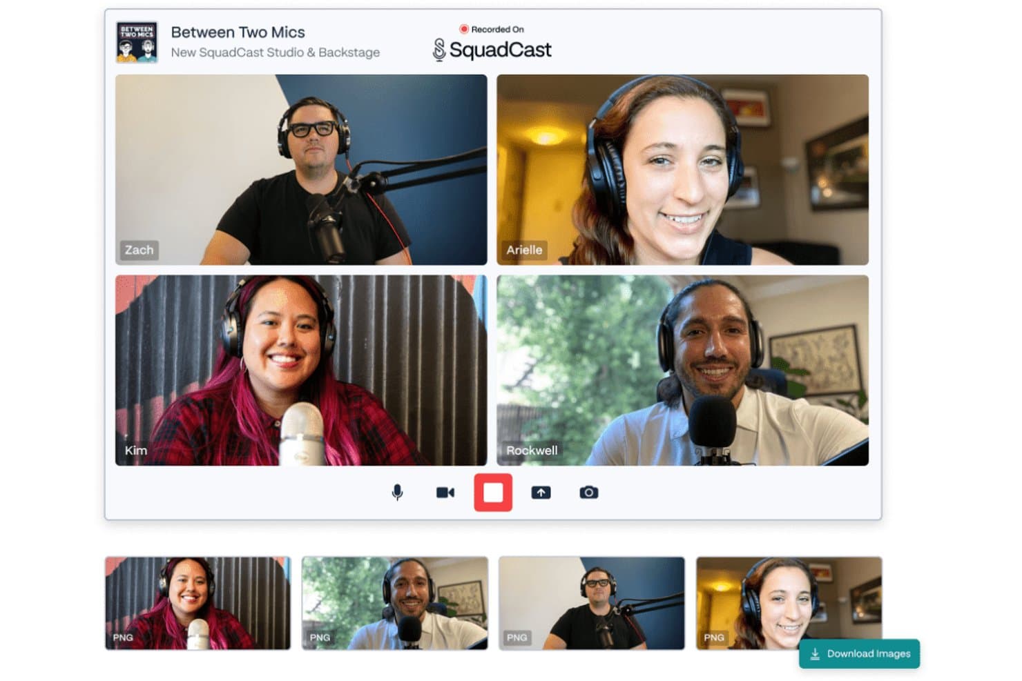 Studio Squadcast montrant quatre participants à un podcast en vidéo, portant des casques et utilisant des microphones.