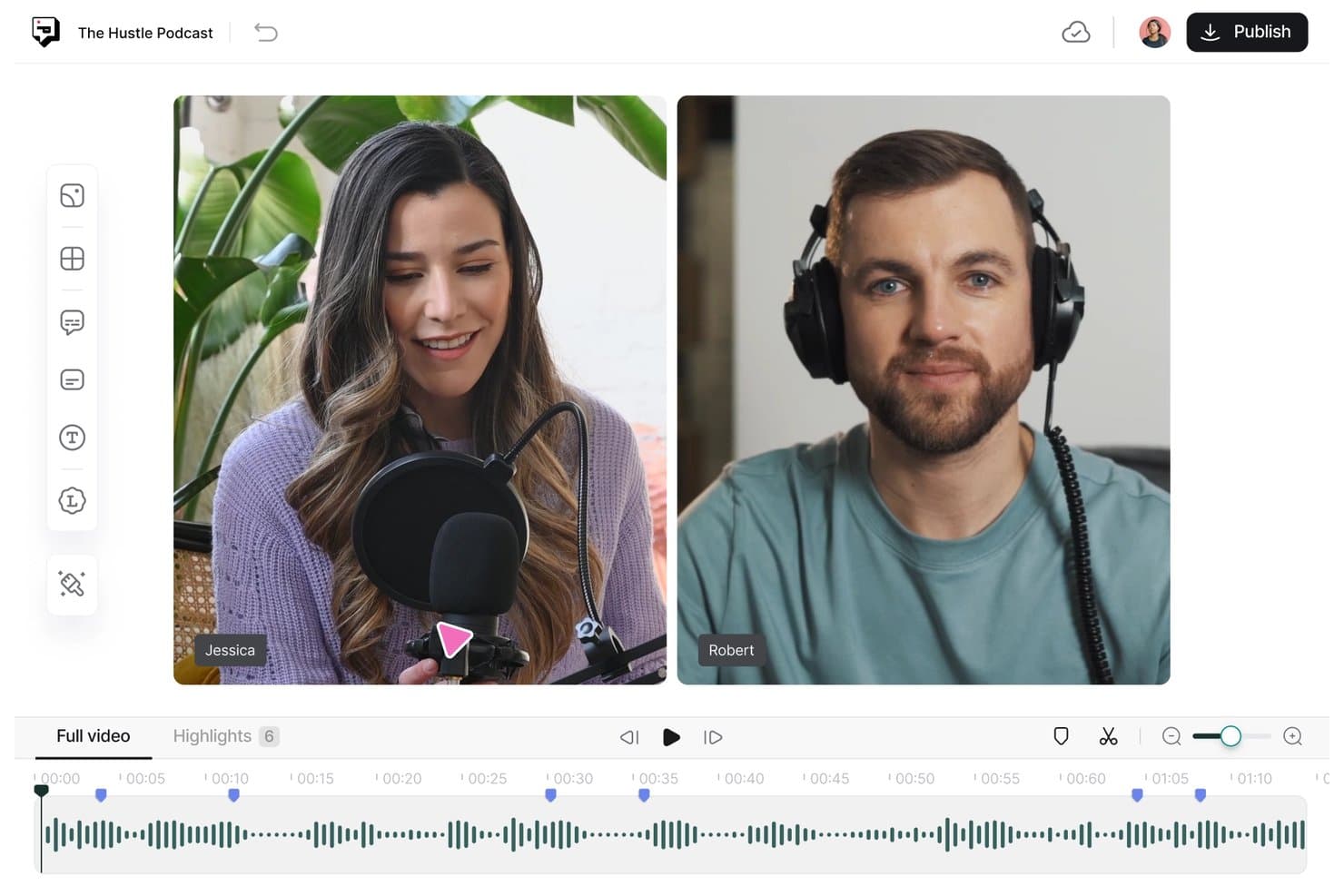 Éditeur de podcast vidéo asynchrone montrant deux intervenants, Jessica et Robert, avec une chronologie audio en dessous.