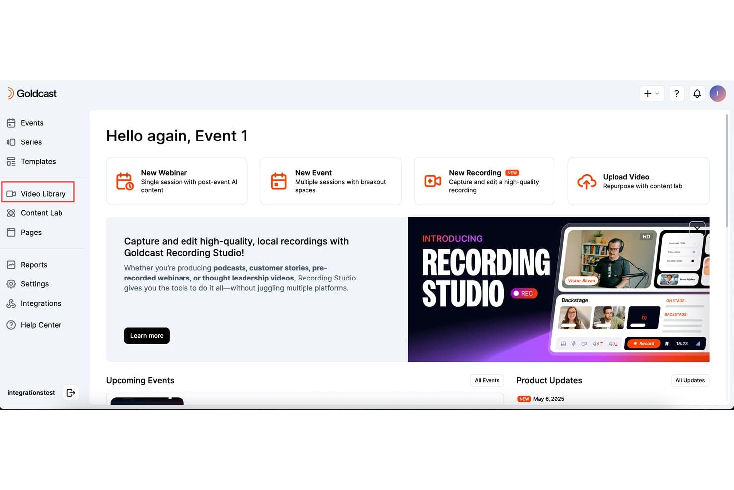 Dashboard di Goldcast che evidenzia l'annuncio delle funzionalità Libreria video e Studio di registrazione