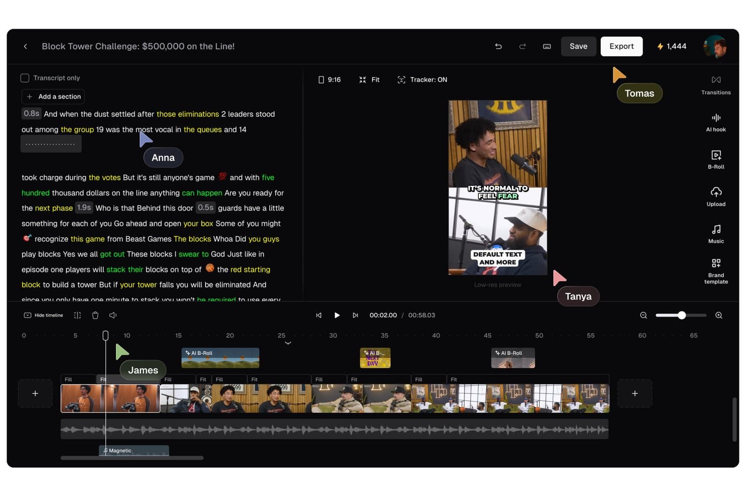 Éditeur vidéo OpusClip affichant le panneau de transcription, l’aperçu avec les sous-titres, la chronologie et les curseurs de plusieurs utilisateurs portant les noms Tomas, Anna, James et Tanya.