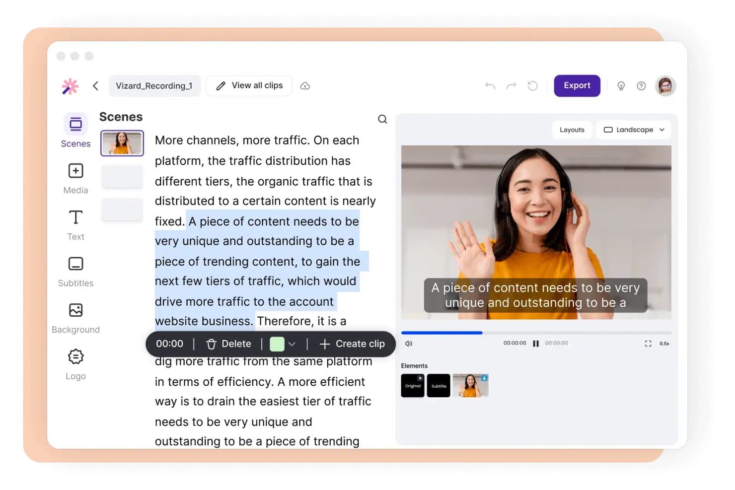 Éditeur vidéo Vizard affichant la transcription, la barre d’outils de création de clips et l’aperçu des sous-titres sur une vidéo au format paysage.
