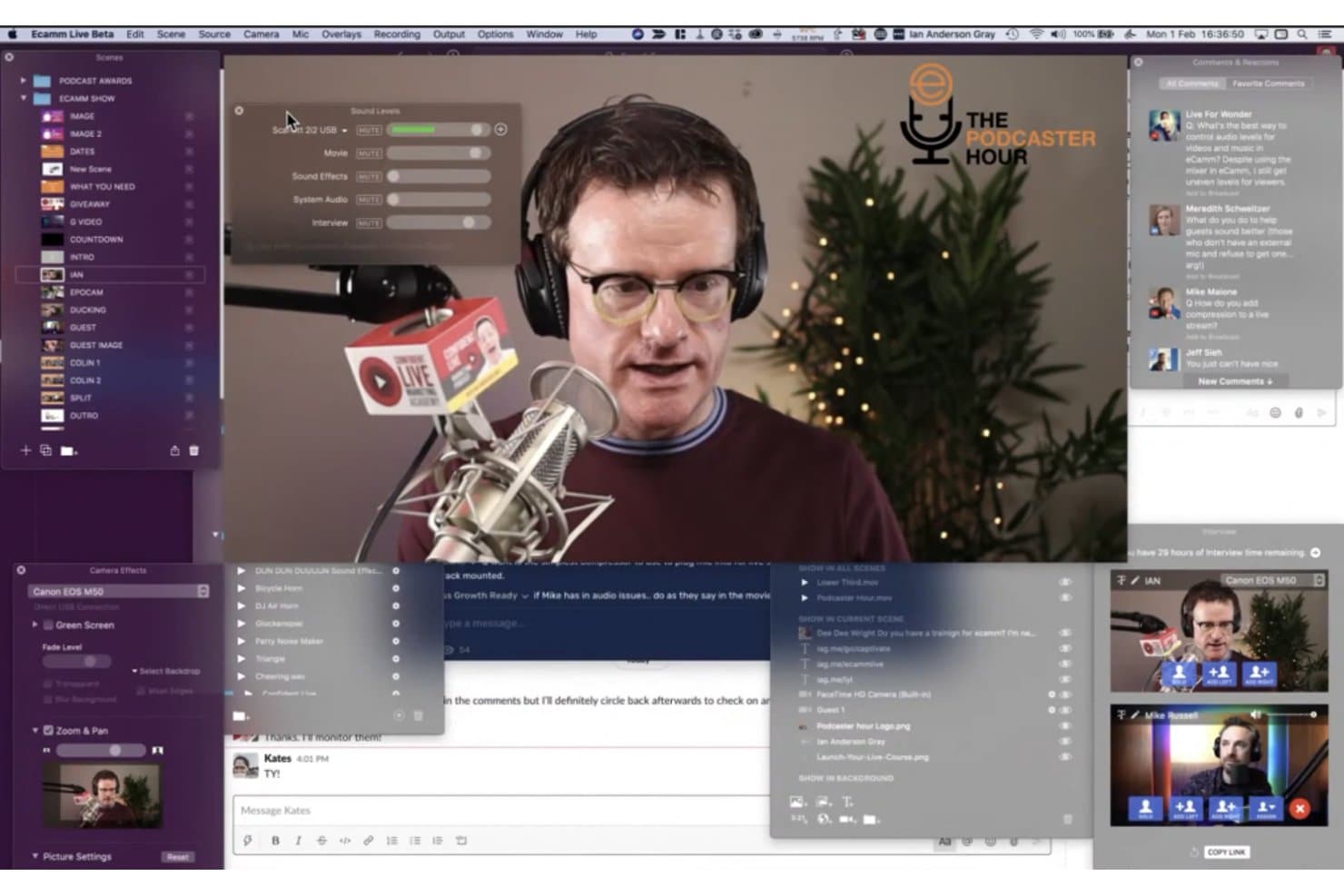 Interface d’Ecamm Live Beta montrant un podcasteur à l’écran avec des commandes audio et des panneaux de scènes.