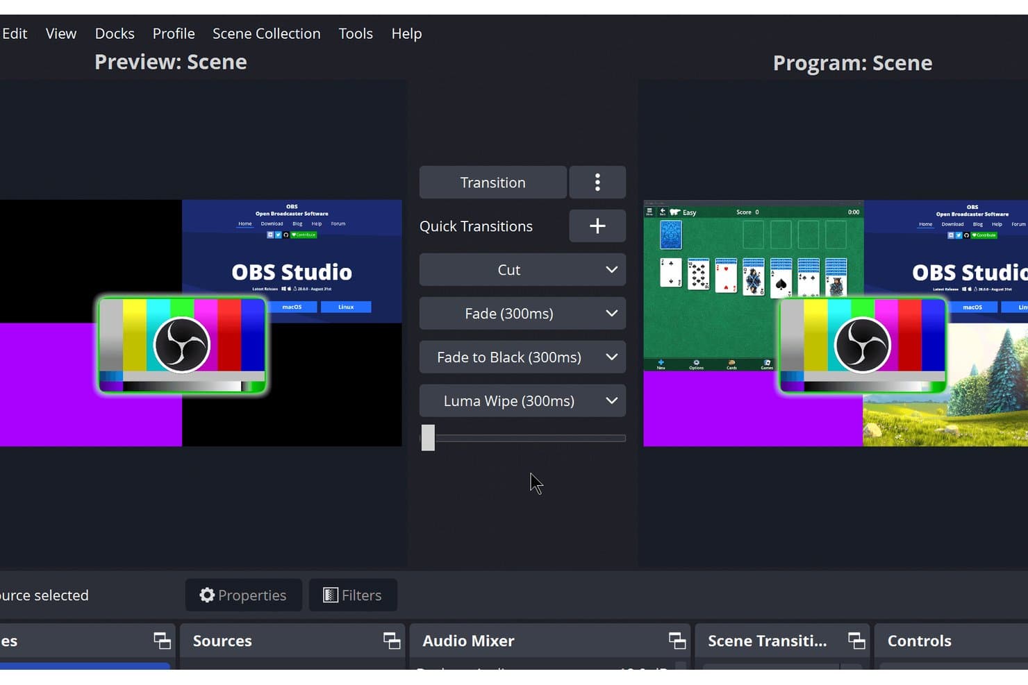 Interface d’OBS Studio affichant les scènes Aperçu et Programme avec le panneau des commandes de transition.