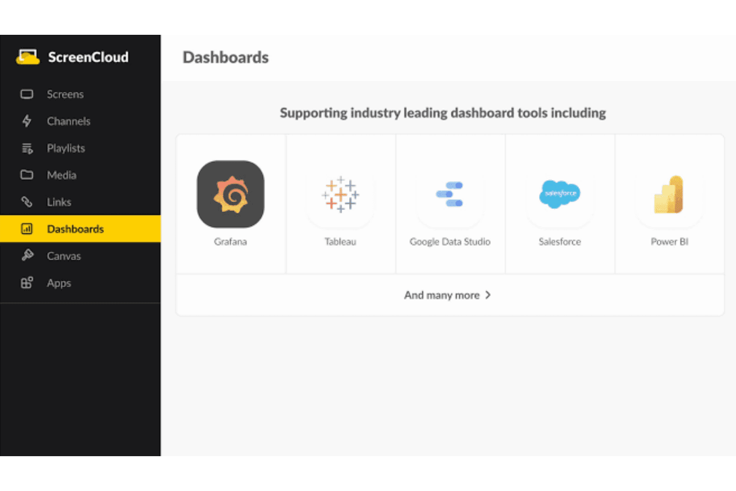 ScreenCloudin hallintapaneelisivu, jossa näkyvät integraatiot Grafanan, Tableaun, Salesforcen ja Power BI:n kanssa.