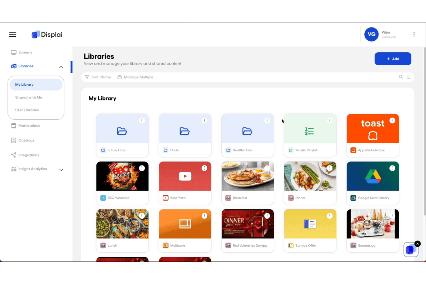 Displai Libraries dashboard showing folders, media thumbnails, and content items in a grid layout.