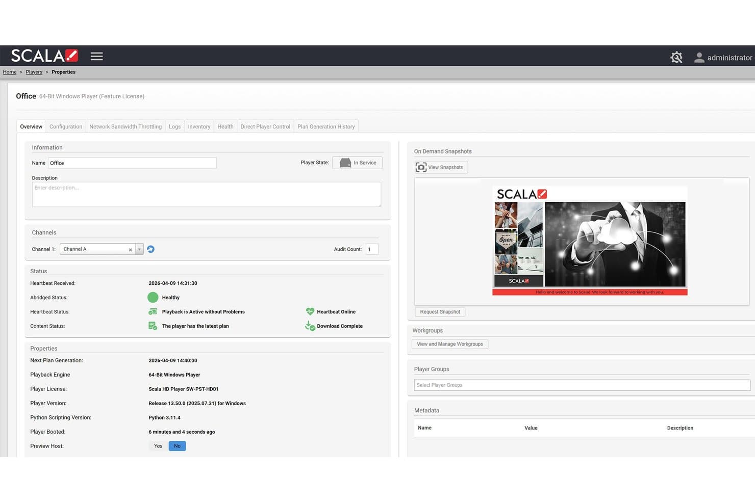 Scala CMS player overview page showing status, channel, snapshot, and playback engine details.
