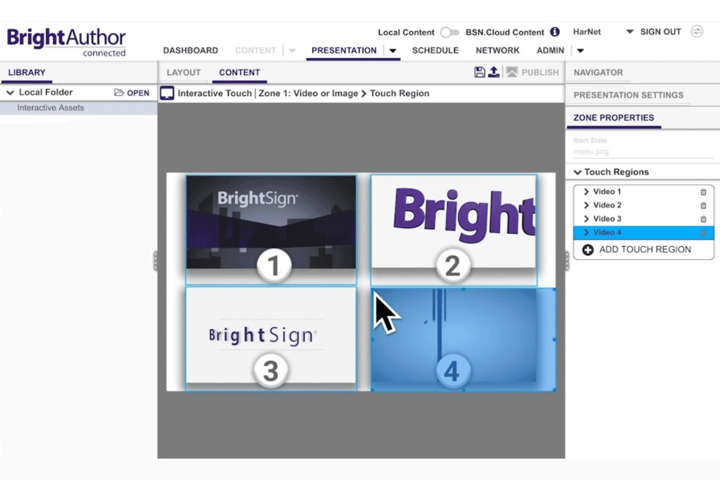 BrightAuthor Connected -käyttöliittymä, jossa näkyy neljä videoiden sisältöalueisiin yhdistettyä vuorovaikutteista kosketusaluetta.