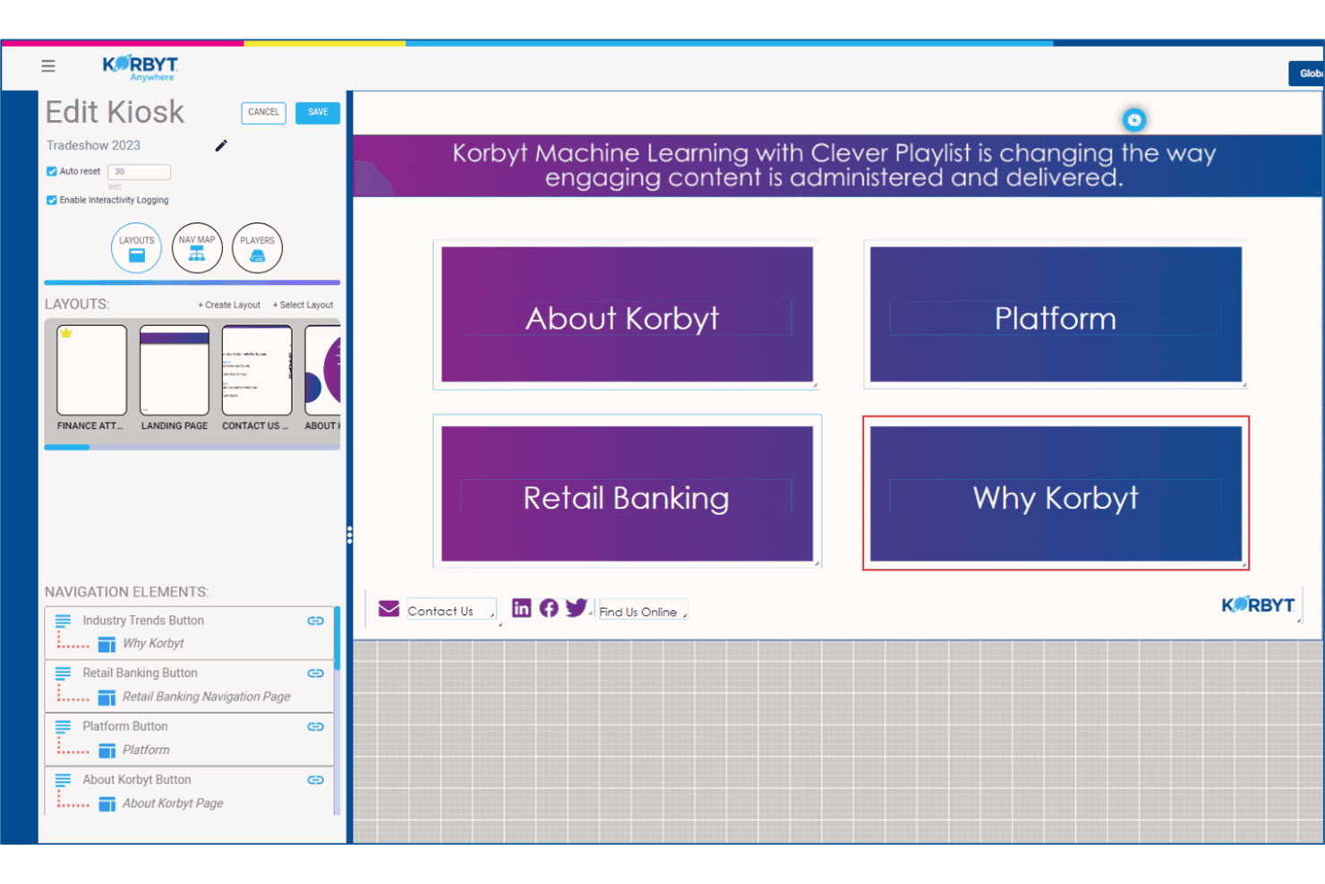 Korbyt kiosk editor showing layout panels, navigation elements, and a landing page preview with four menu buttons.