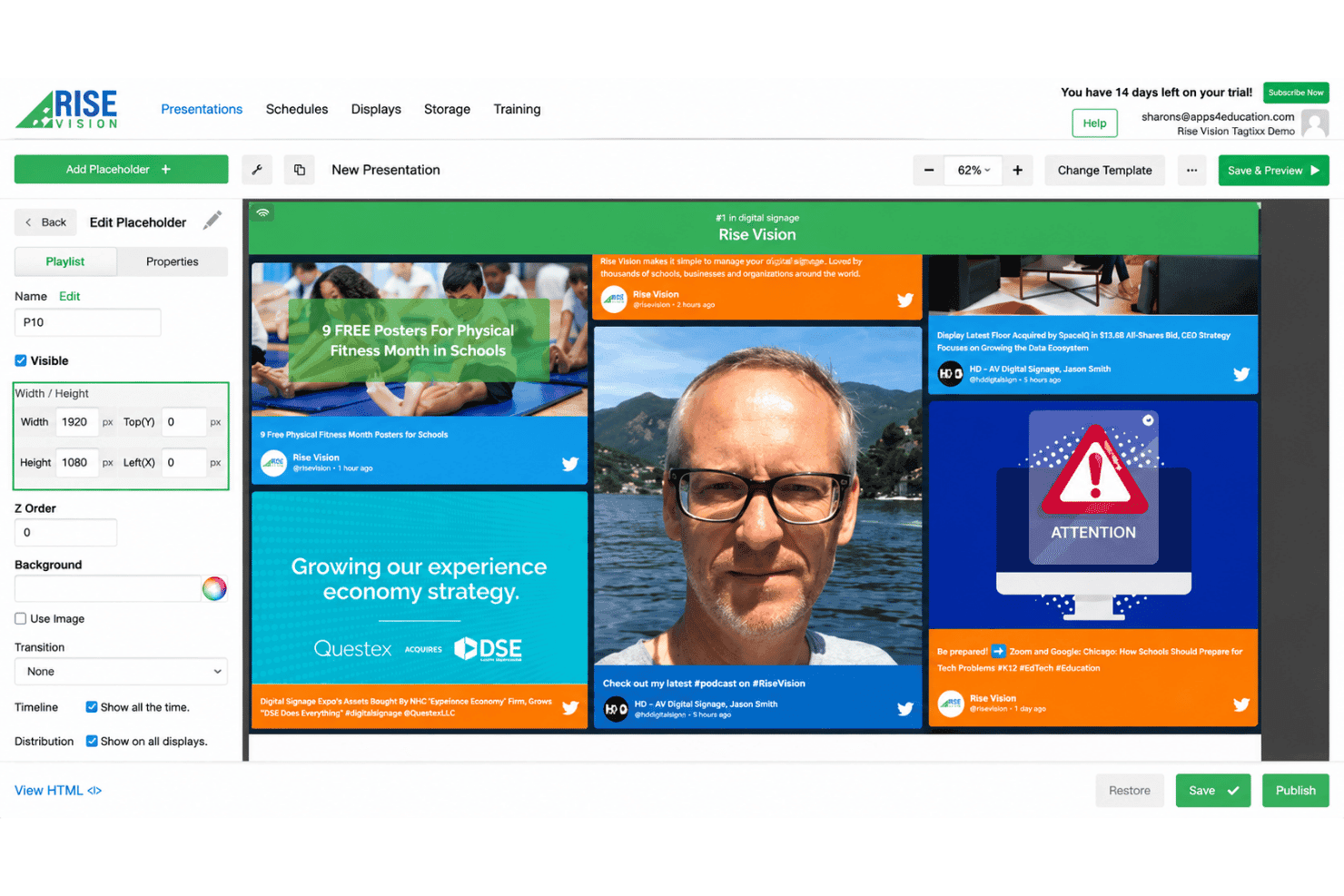 Rise Visionin digitaalisen opastamisen editori, jossa näkyvät soittolistan asetukset ja monipaneelinen sisällön esikatselu