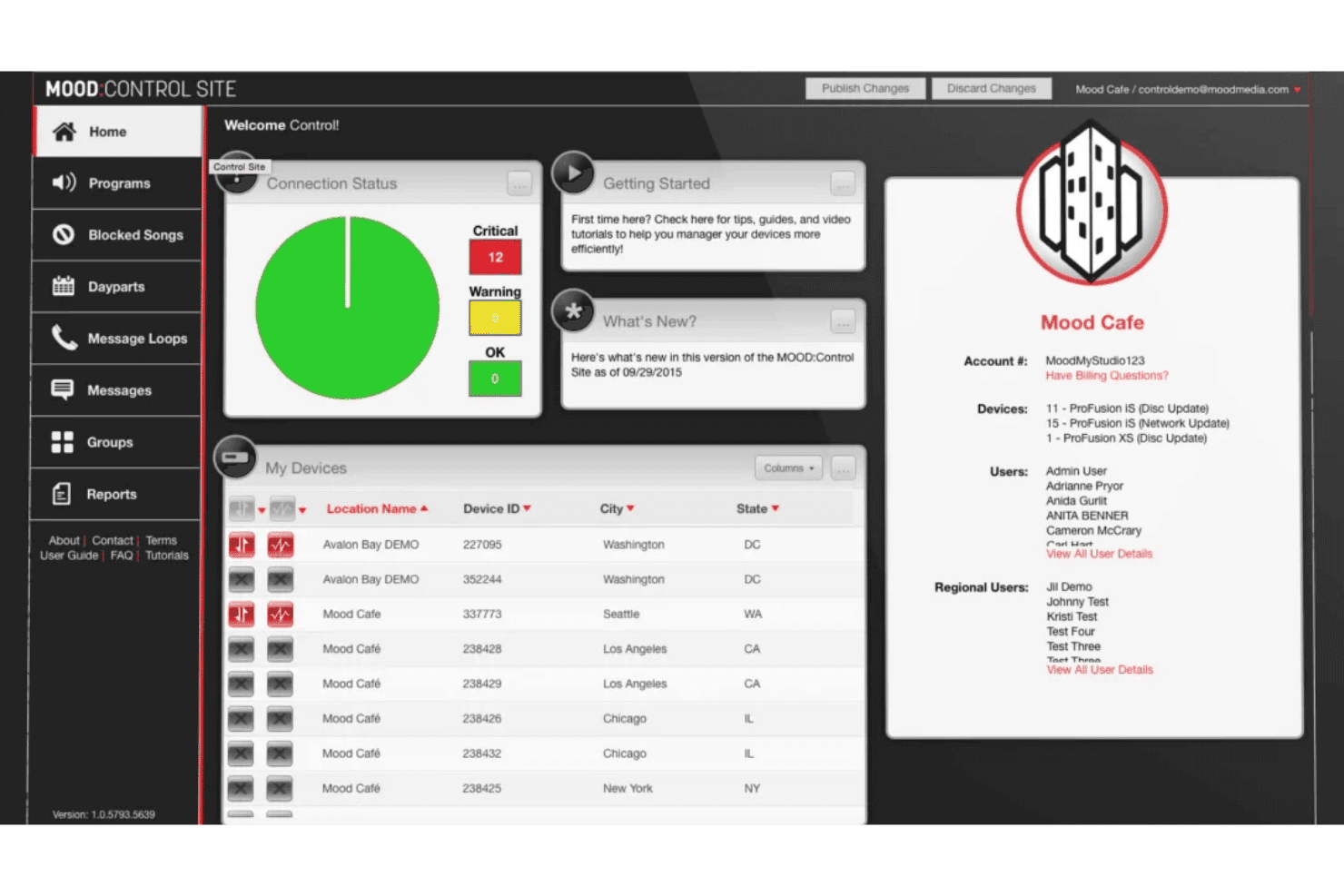 Mood Media Control Site dashboard showing connection status, device list, and account info.